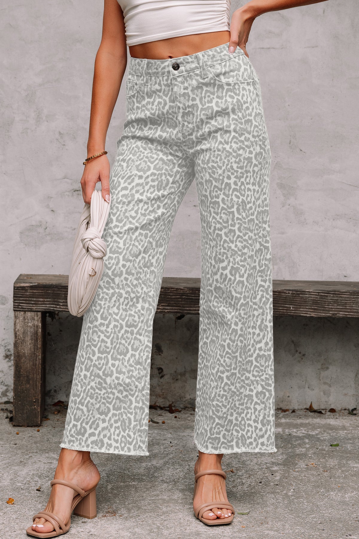 Leopard Frayed Wide-Leg Jeans