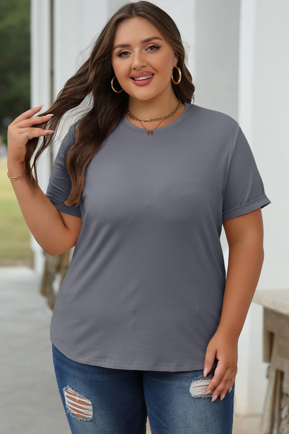 Orchid Petal Casual Plain Crew Neck Tee