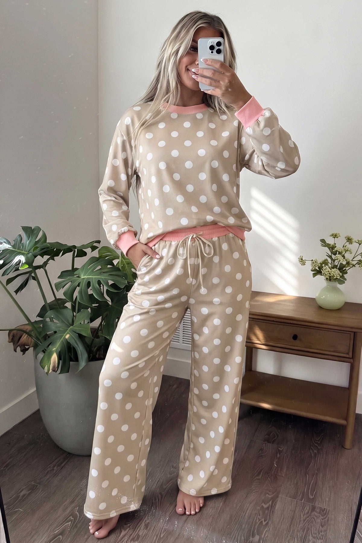 Polka Dot Contrast Trim Pant Set