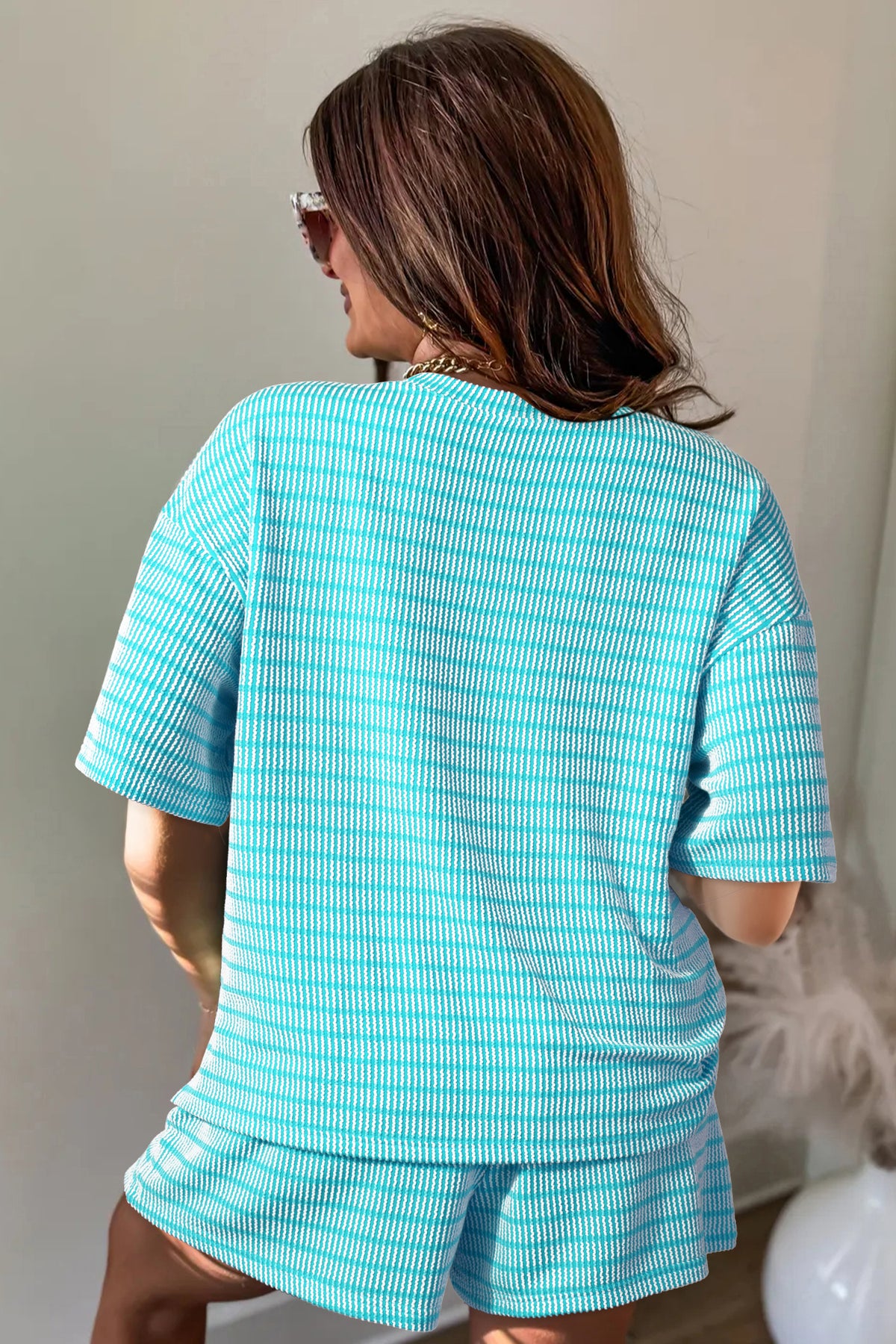 Sky blue stripe two-piece short set with ribbed loose tee and drawstring elastic waist shorts by Dear-Lover.