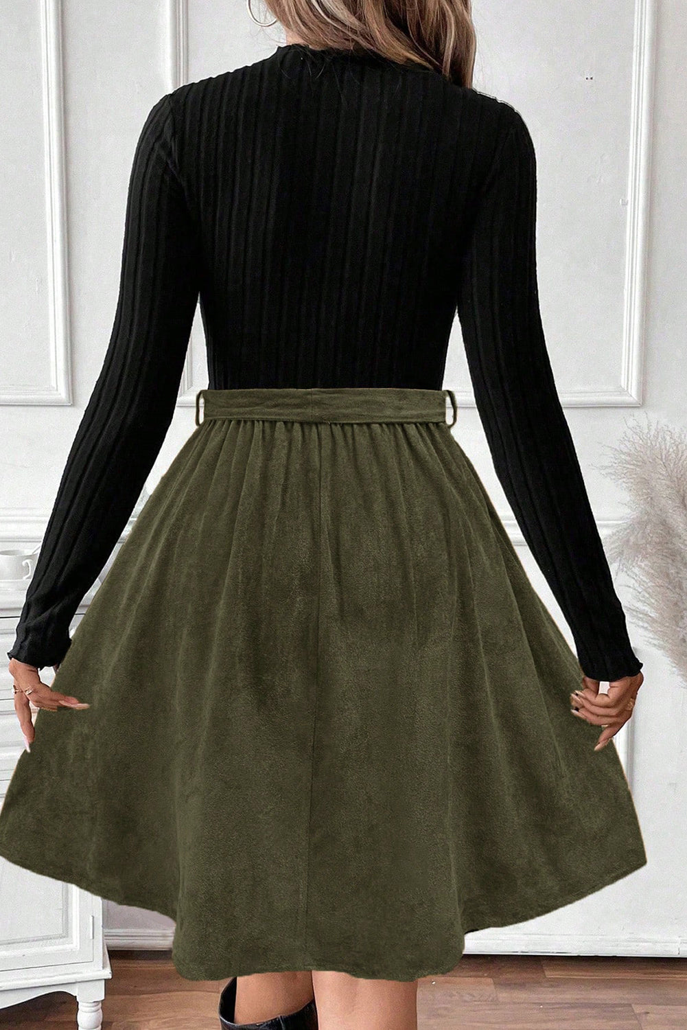 Black Ribbed Knit Belted Dress