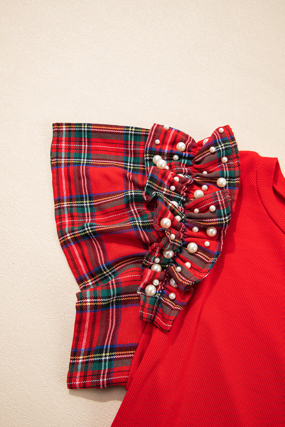 Plaid Pearl Ruffle Short Sleeve Shirt
