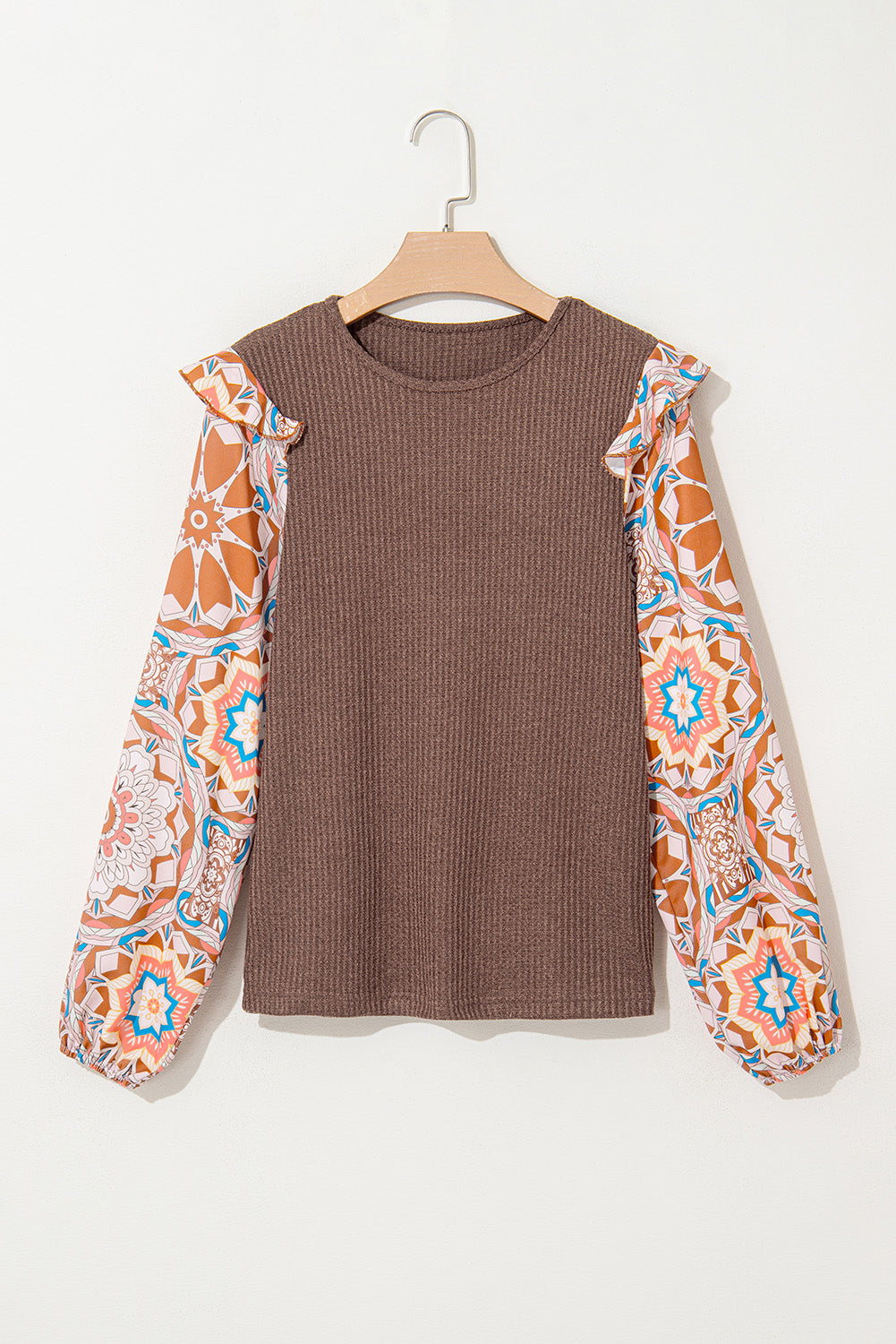 Ruffled Floral Sleeve Waffle Knit Blouse