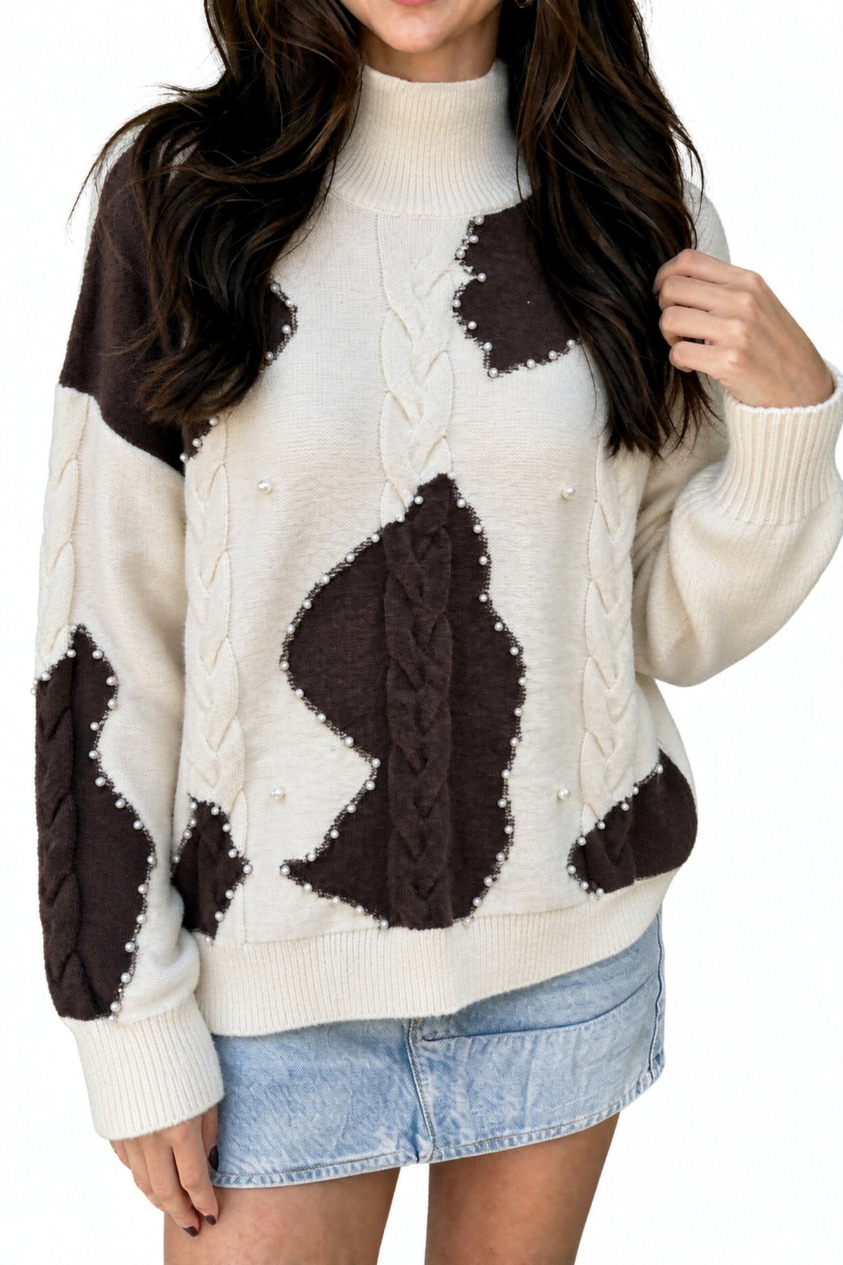 Beige cable knit sweater with beaded western spots, casual style from Dear-Lover, featuring detailed knit and trendy design.