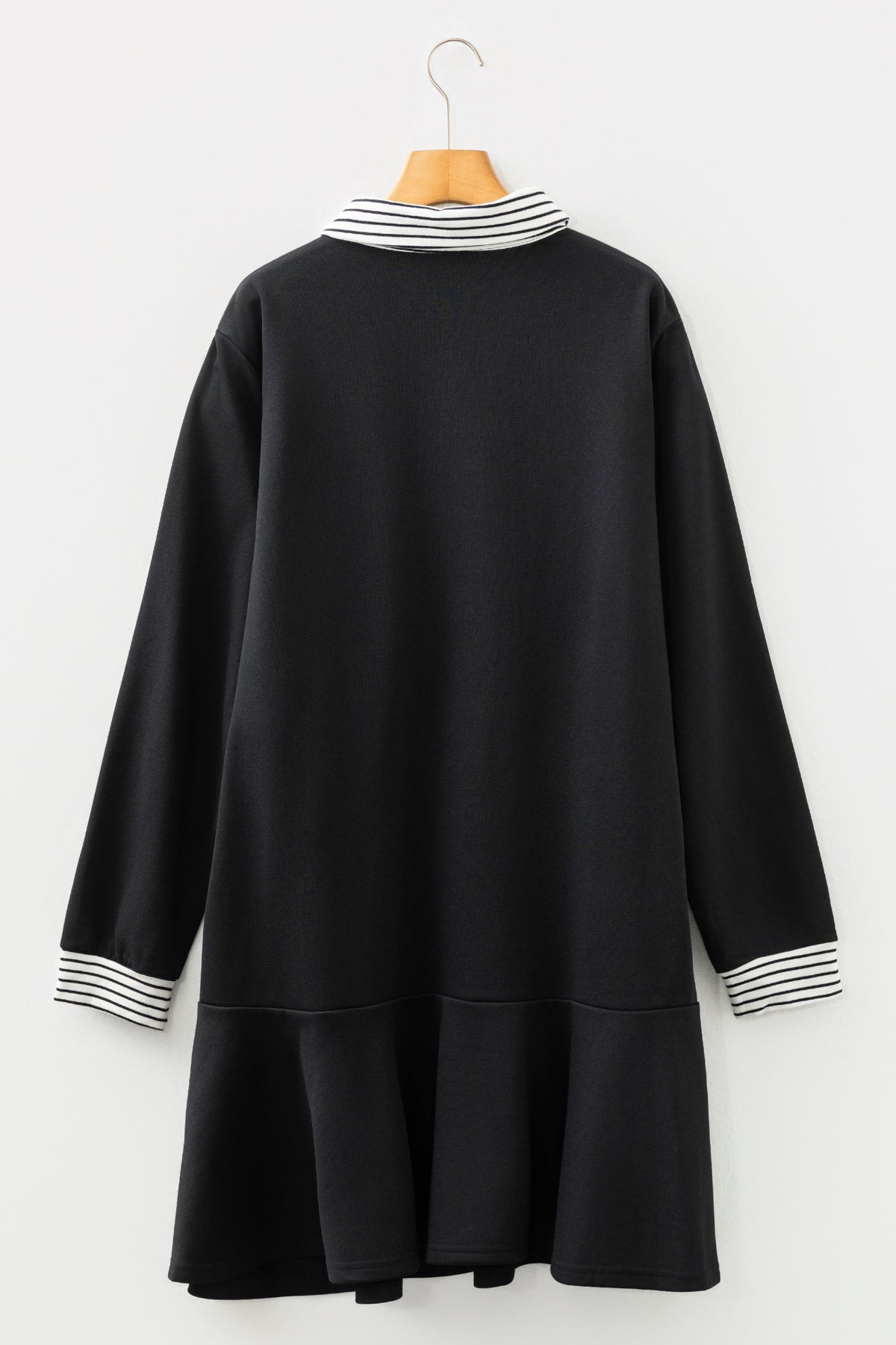 Plus size black striped cuffed polo collar dress with patchwork, ruffle hem, long sleeves, by Dear-Lover.