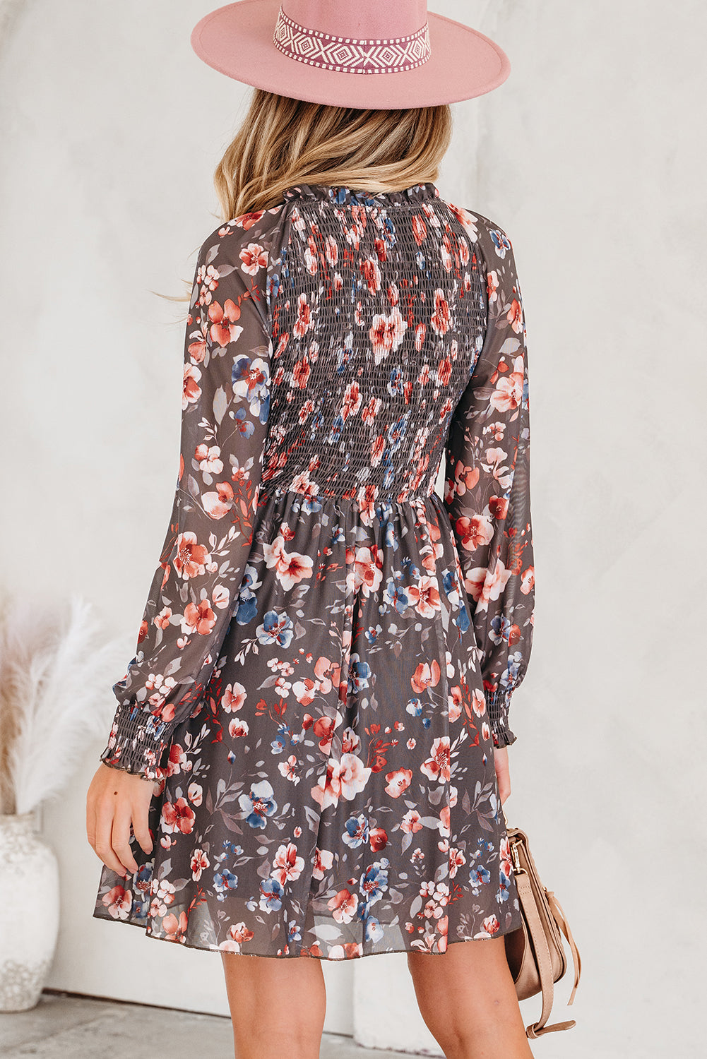 Brown Smocked Floral Mesh Mini Dress
