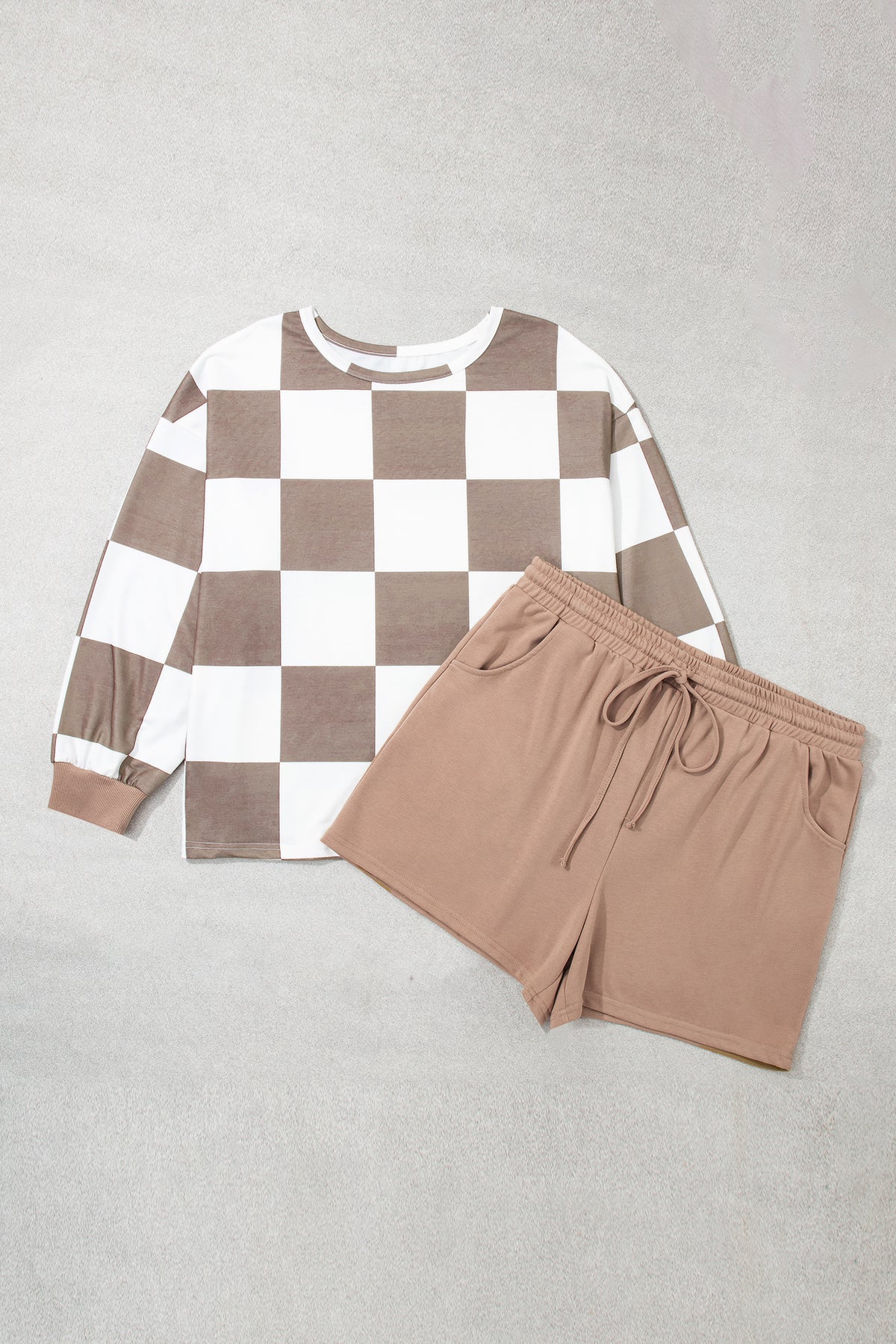 Plus Size Khaki Checkered Shorts Set