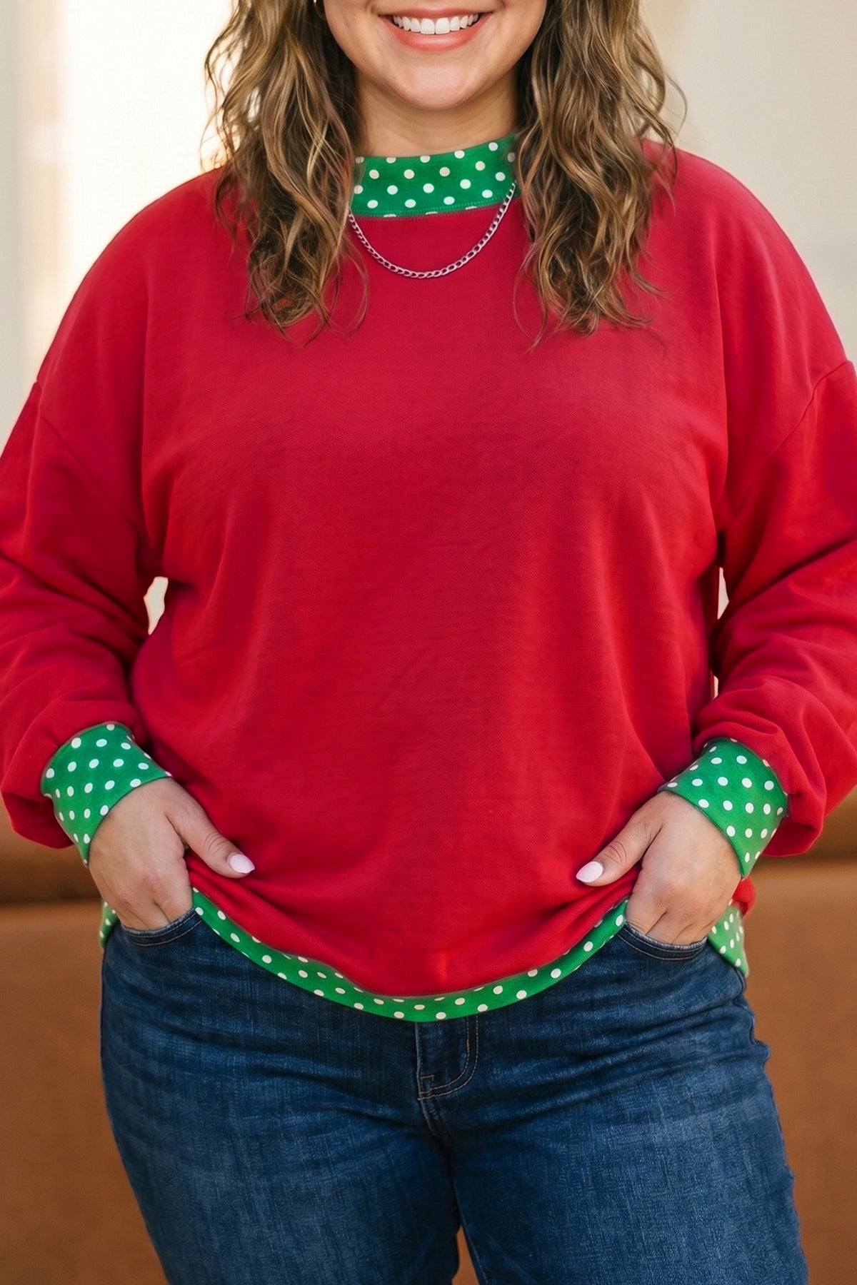 Burgundy polka dot patchwork plus size sweatshirt with round neck, casual style, made by Dear-Lover, featuring polka dot and patchwork design.