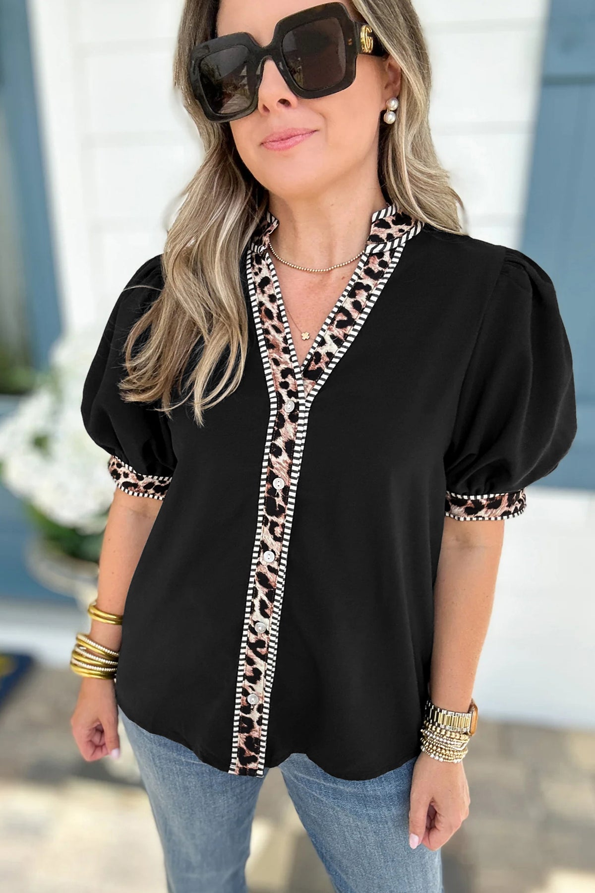 Black V Neck Short Puff Sleeve Contrast Striped Leopard Trim Button Down Shirt