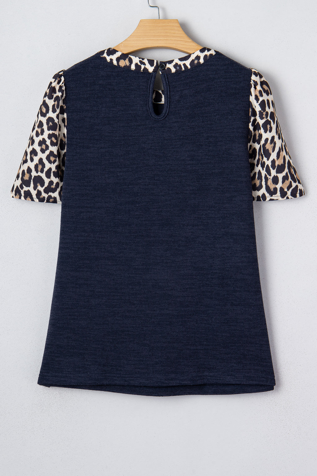 Navy Blue Ribbed Contrast Leopard Patchwork Short Sleeve Top