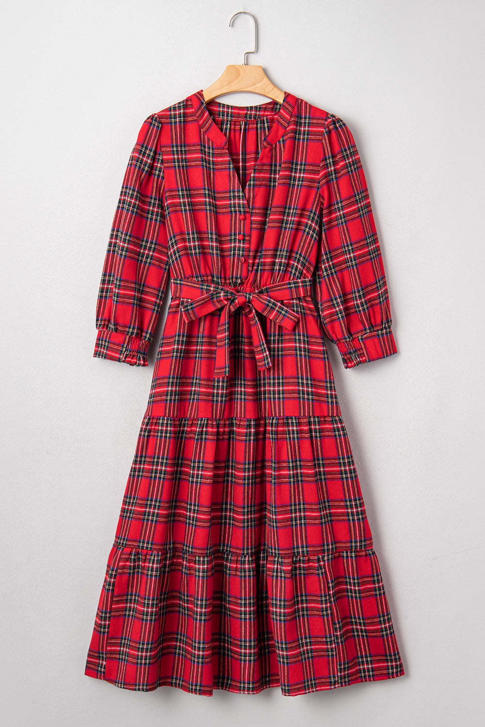 Red Christmas Plaid Tie-Waist Long Dress