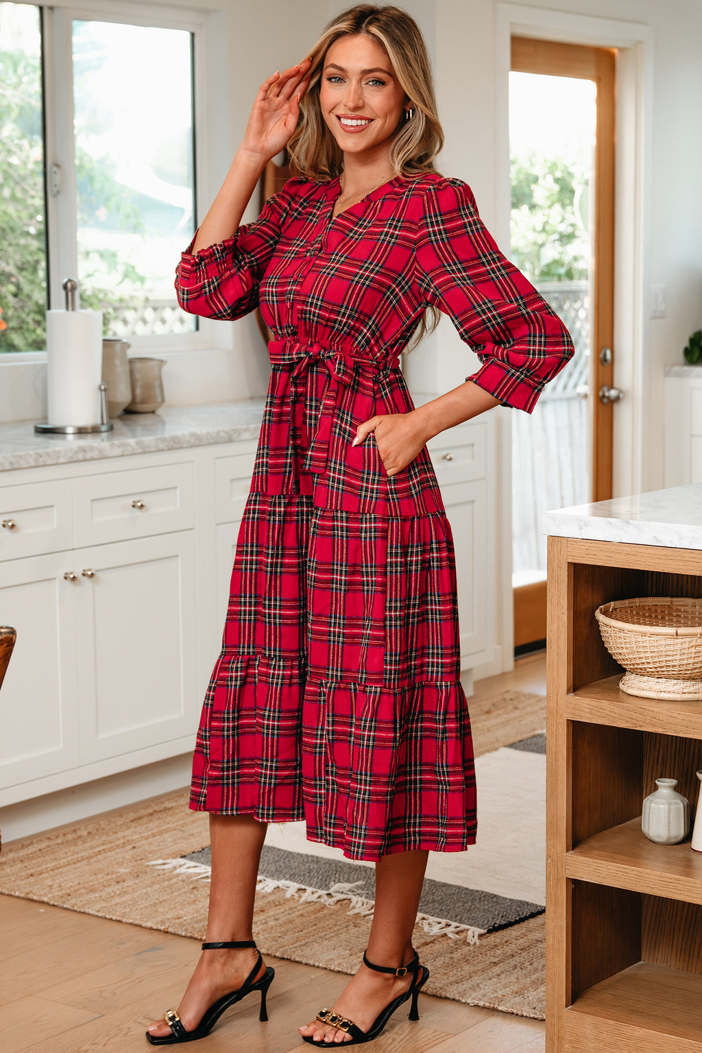 Red Christmas Plaid Tie-Waist Long Dress