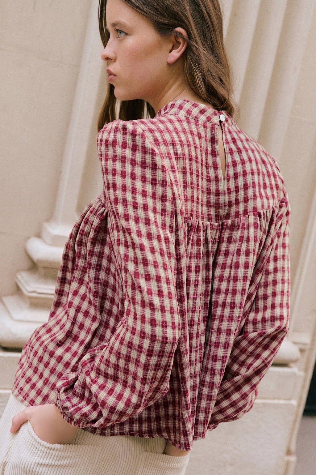 Coral Country Plaid Keyhole Blouse