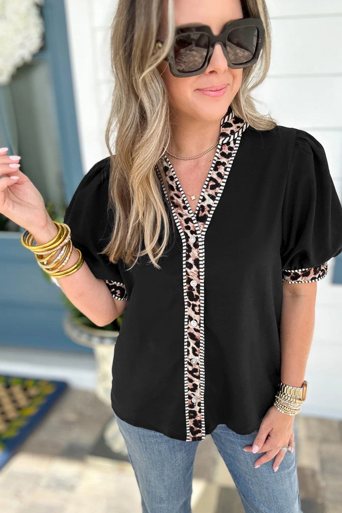 Black V Neck Short Puff Sleeve Contrast Striped Leopard Trim Button Down Shirt