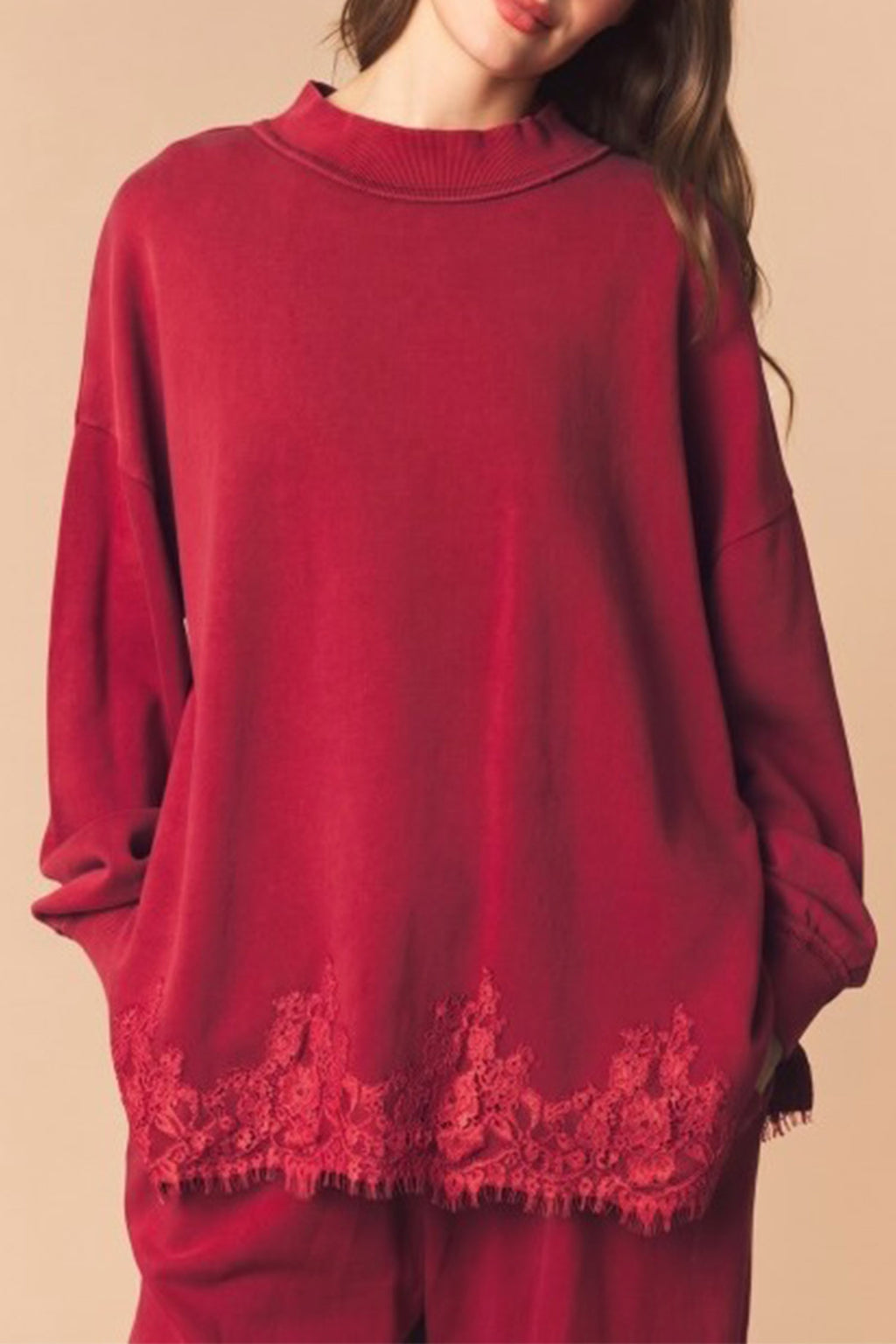 Fushia Lace-Hem Mock-Neck Sweatshirt