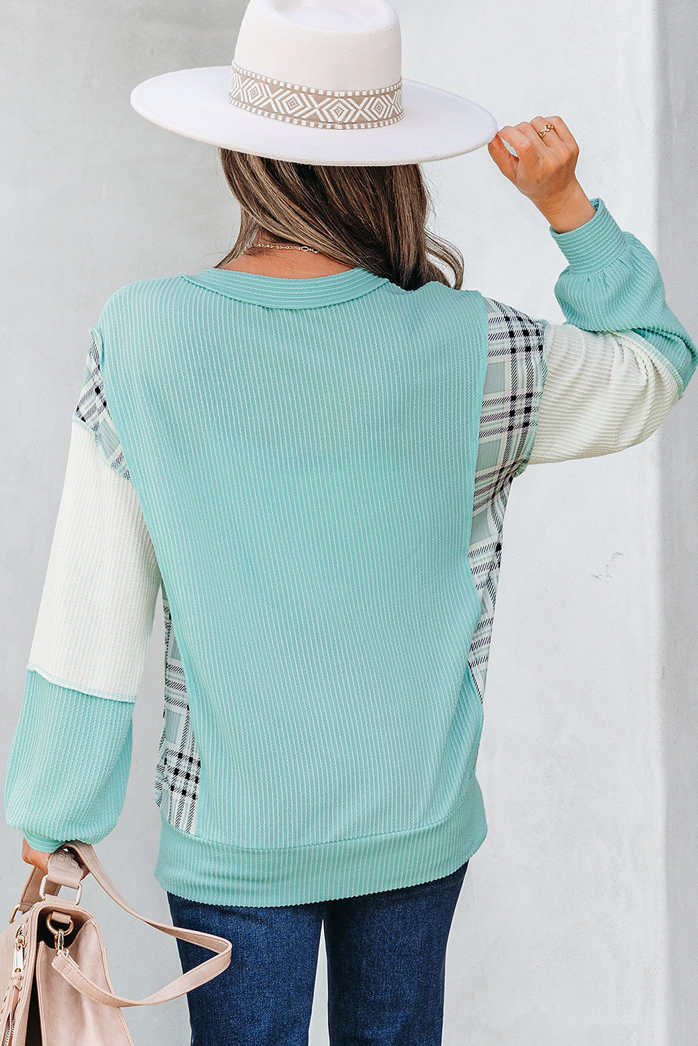 Textured Plaid Color Block Patchwork Long Sleeve Top
