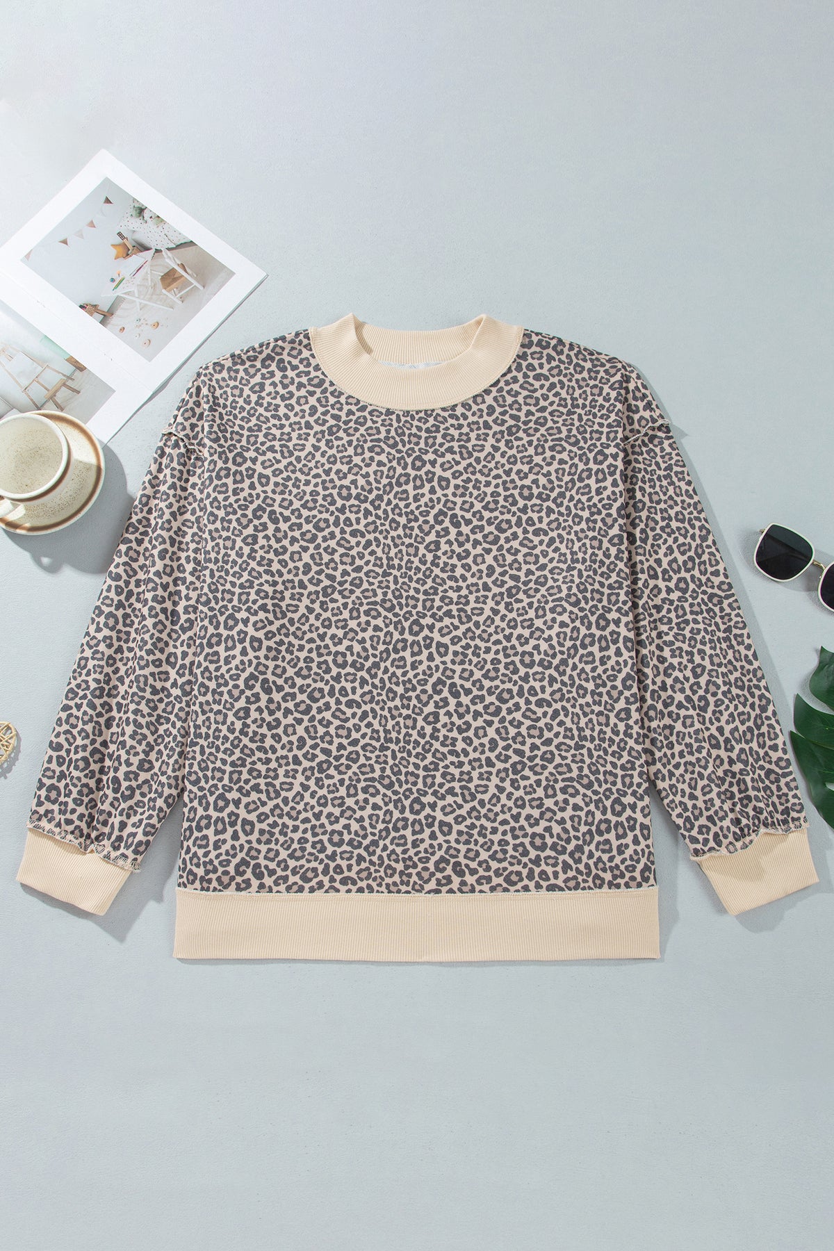 Plus size leopard print ribbed color block mock neck sweatshirt in multicolour, from Dear-Lover Plus Size Sweatshirts & Hoodies collection.