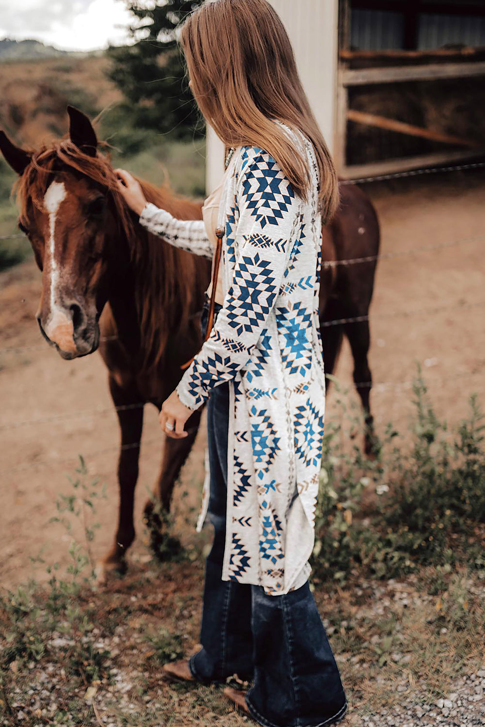 Sky blue Western Aztec printed open front long cardigan by Dear-Lover, featuring bold Aztec patterns and a relaxed fit.