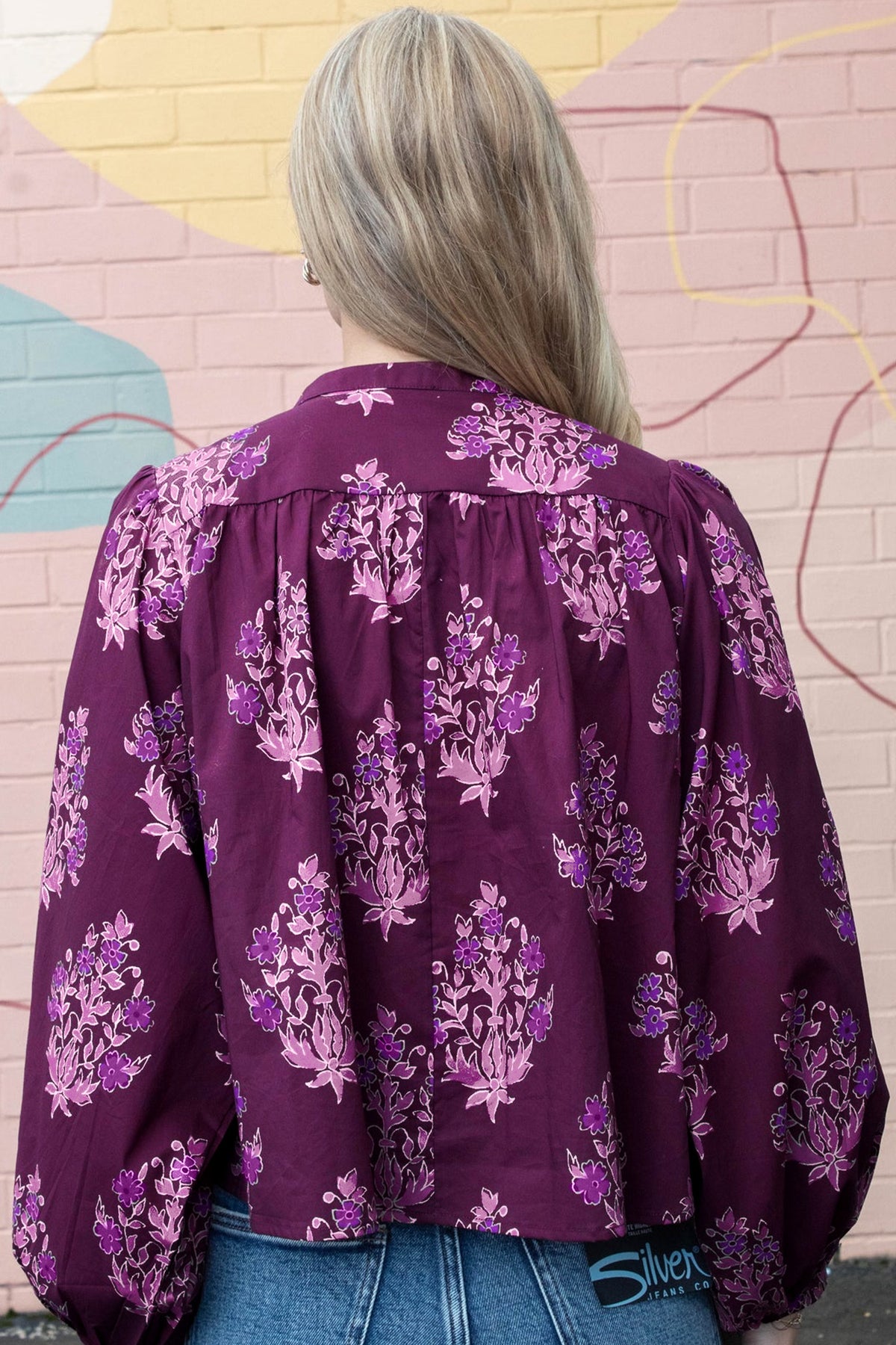 Purple Floral Button-Front Long Puff Sleeve Shirt