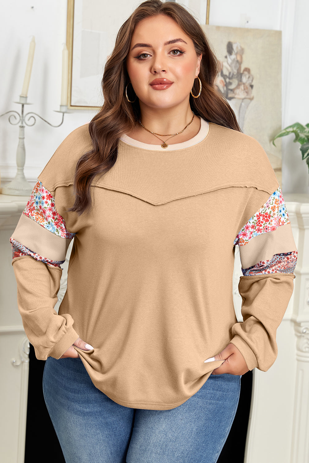 Khaki plus size floral patchwork sweatshirt with exposed seams, relaxed fit, by Dear-Lover, featuring mixed floral designs and casual style
