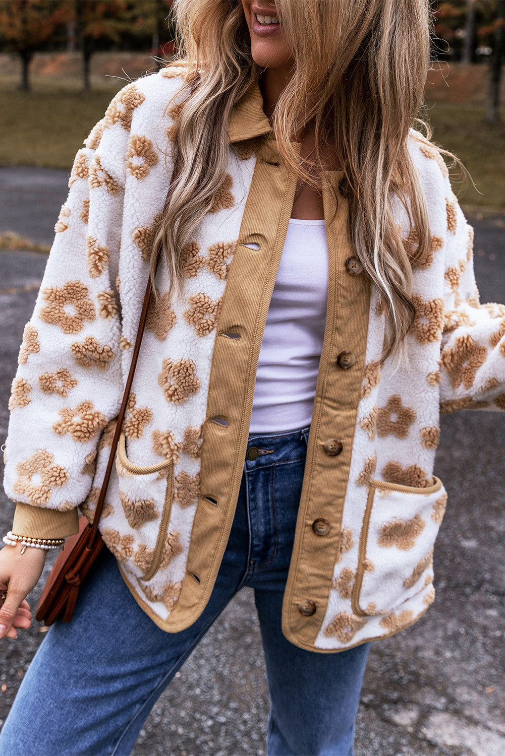 French Beige Flower Button-Up Fleece Jacket