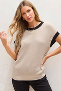 Light French Beige Contrast-Trim Batwing Sweater