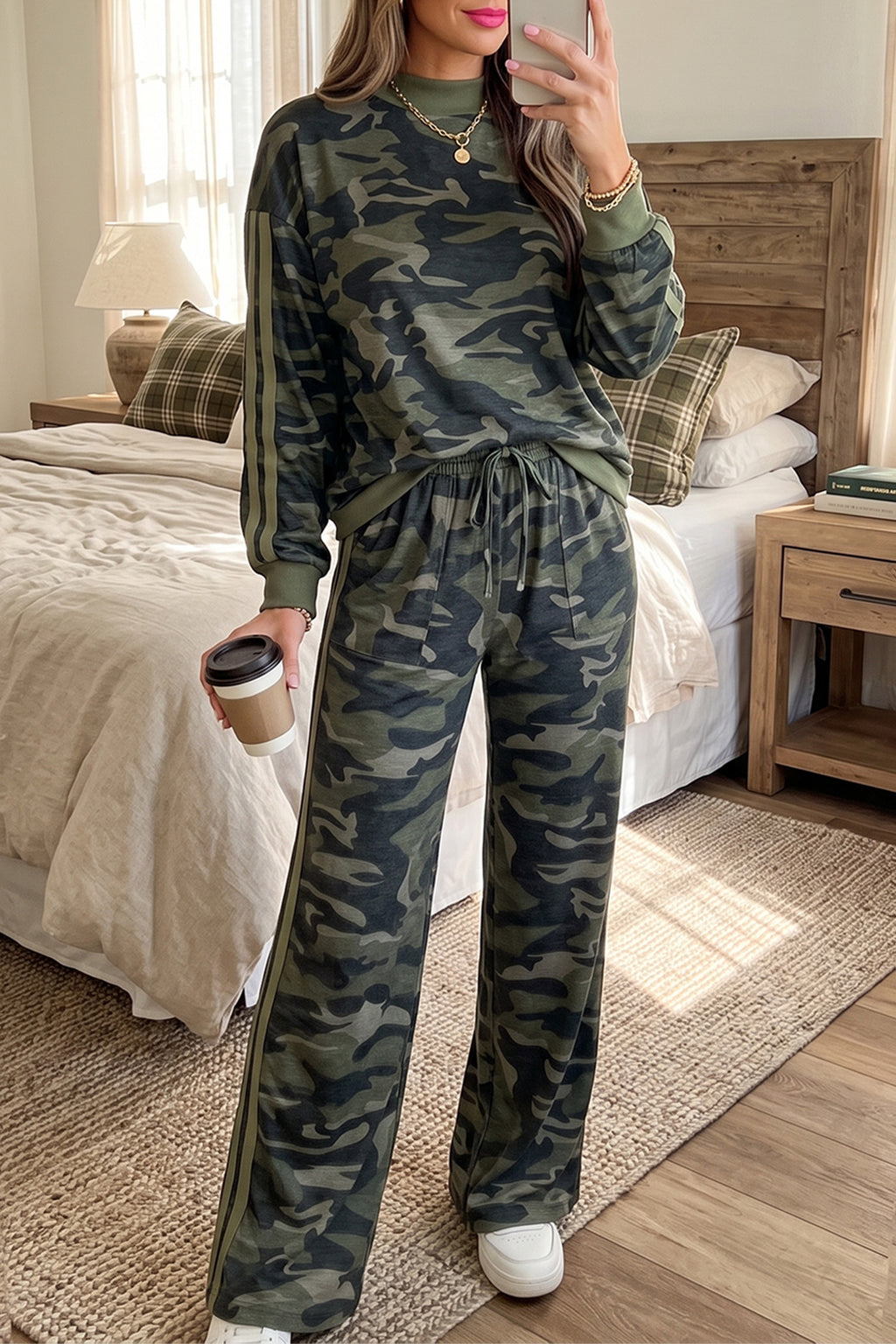 Multicolour camouflage patchwork long sleeve top and casual pants set by Dear-Lover with striped details, two-piece outfit.