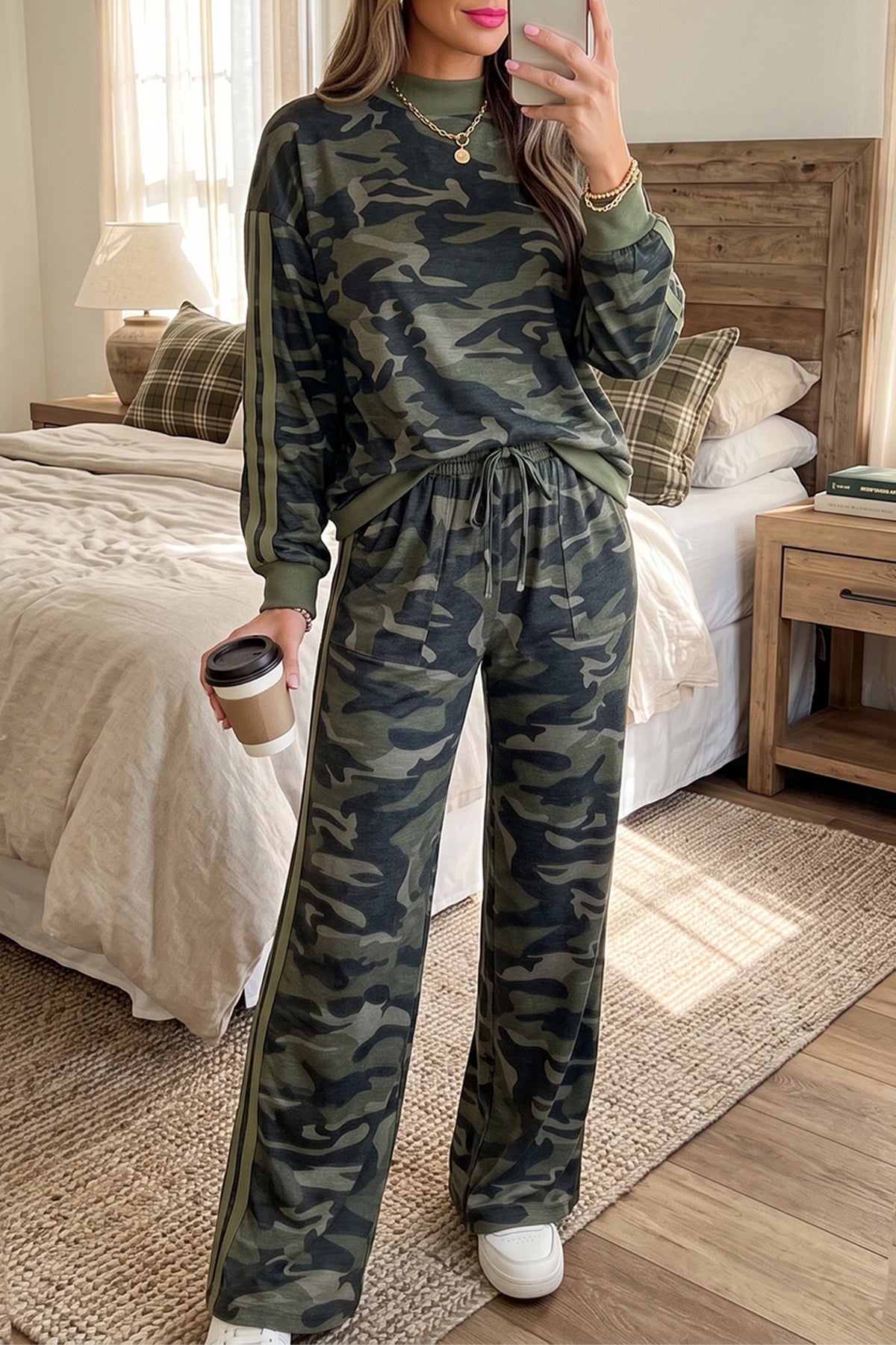 Multicolour camouflage patchwork long sleeve top and casual pants set by Dear-Lover with striped details, two-piece outfit.