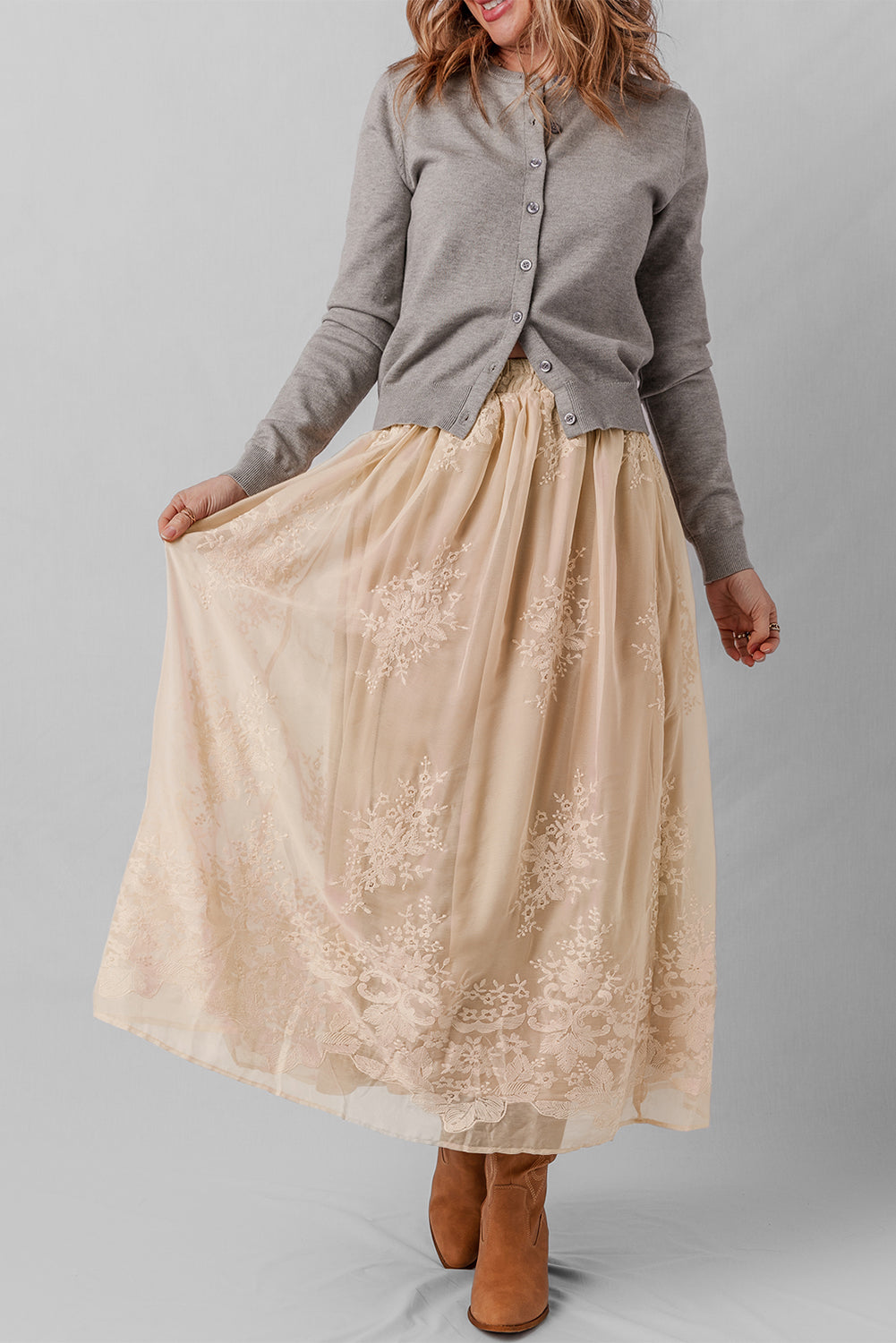 Oatmeal embroidered mesh overlay flowy long skirt from Dear-Lover with a lightweight, elegant design and intricate embroidery details.