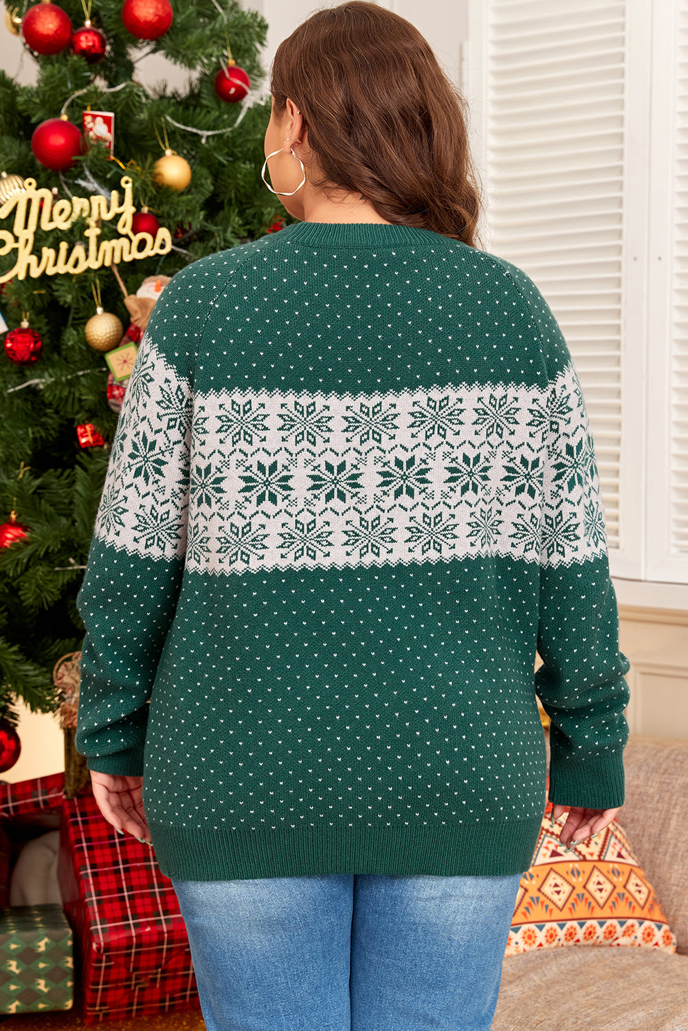 Plus Size Green Christmas Snowflake Sweater