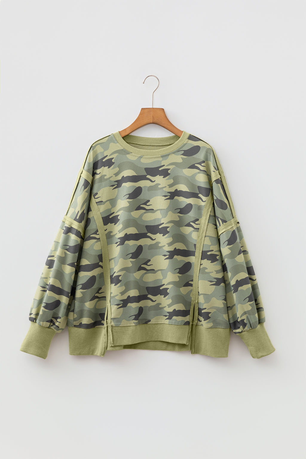 Green Camouflage Waffle Knit Raw Edge Contrast Trim Oversized Long-Sleeve Top
