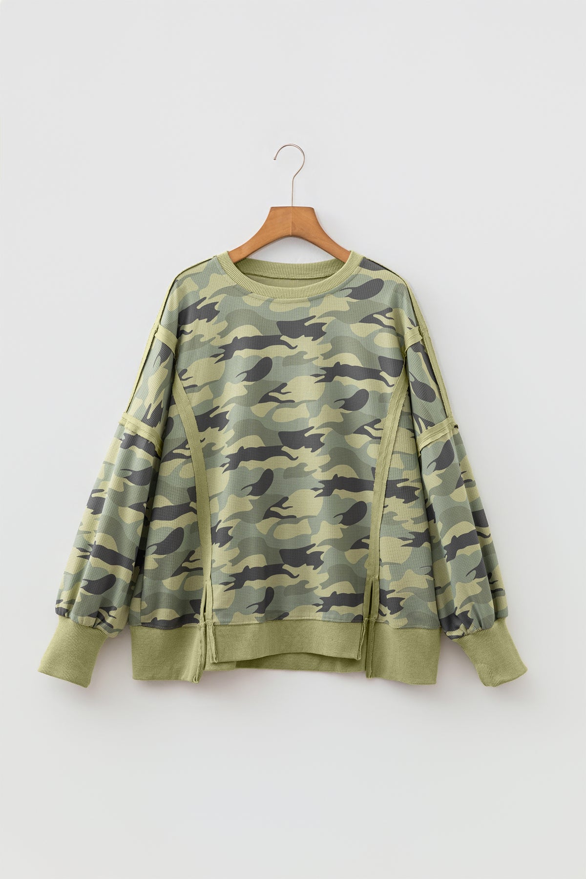 Green Camouflage Waffle Knit Raw Edge Contrast Trim Oversized Long-Sleeve Top
