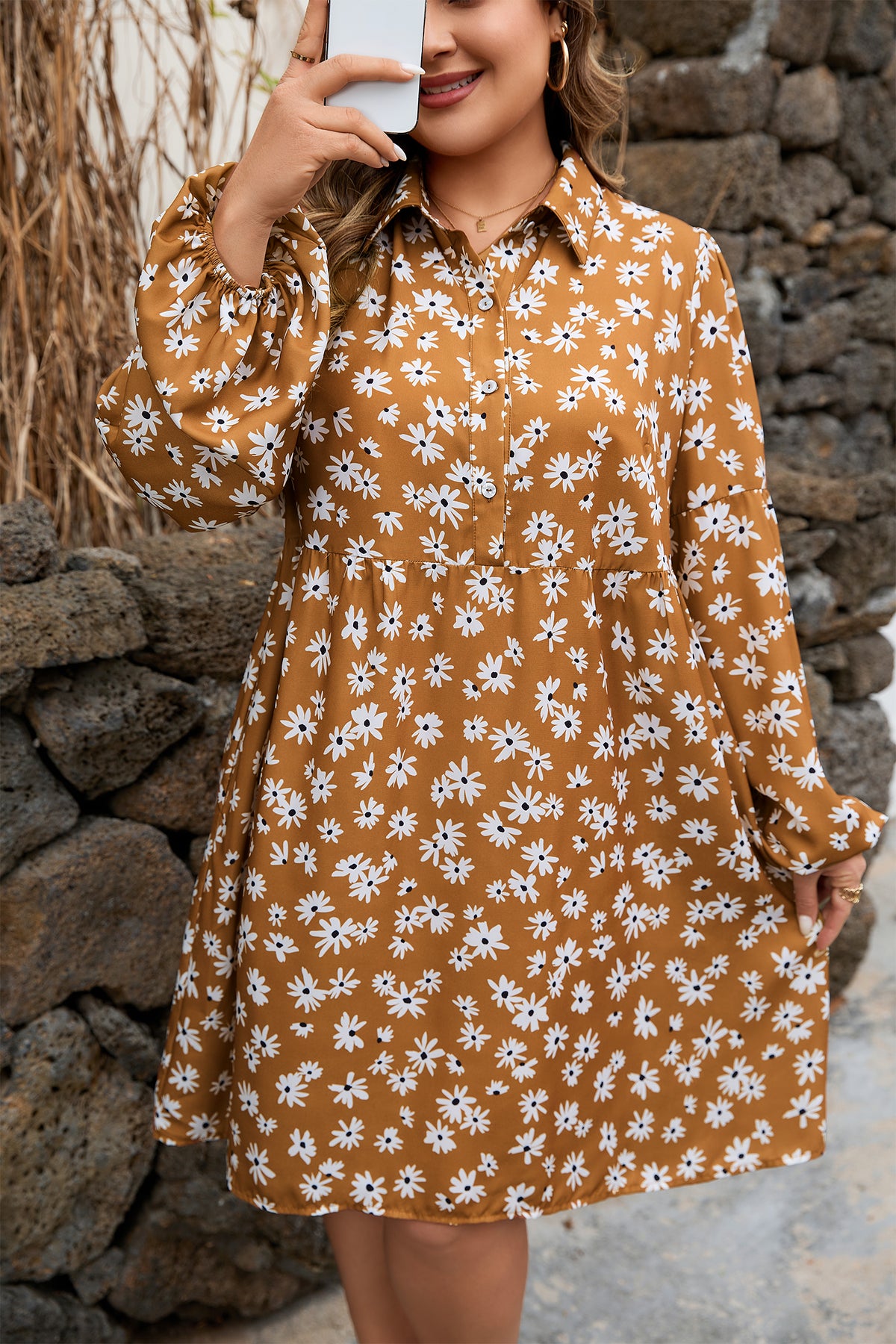 Plus size khaki dress with daisy floral print, split neck, puff sleeves, and button details by Dear-Lover.