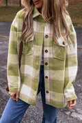 Sage green plaid print shacket with buttoned flap pockets, oversized style from Dear-Lover, casual and trendy for everyday wear