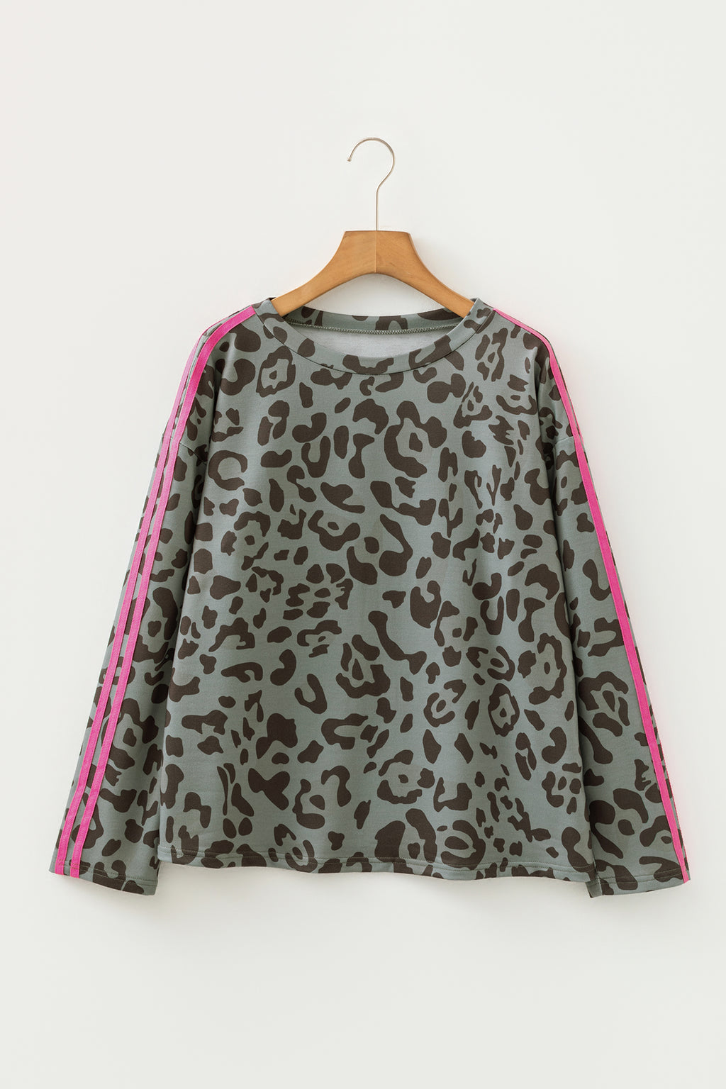 Gray Leopard Print Varsity Striped Trim Long Sleeve Top
