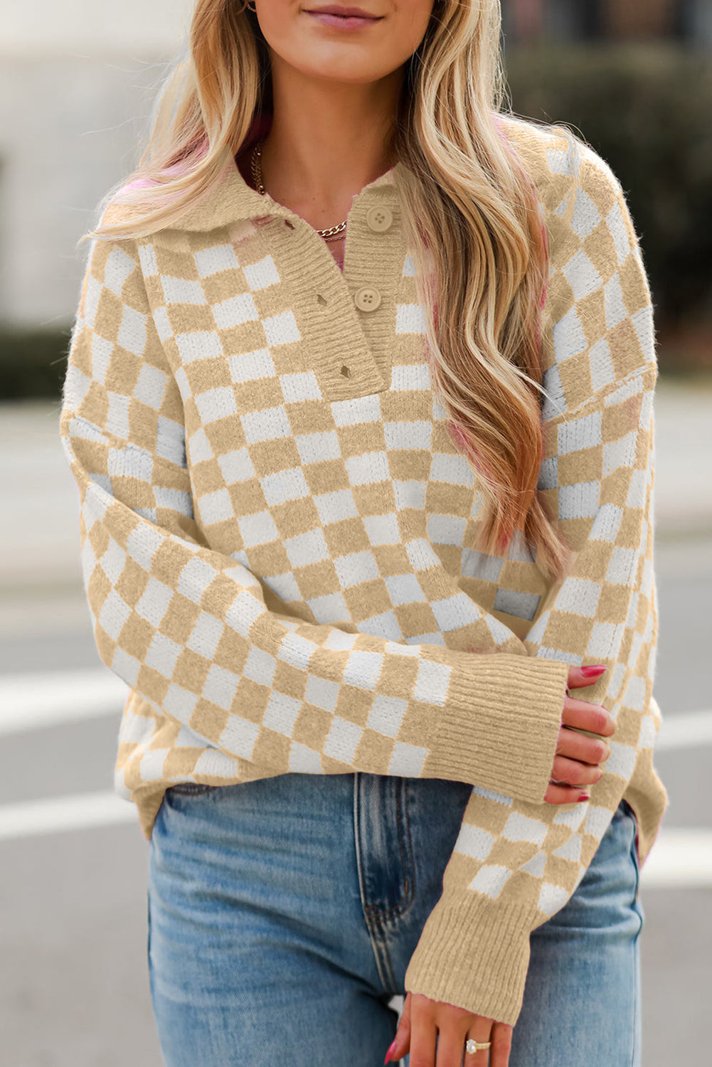 Apricot checkered buttons collar V-neck drop shoulder sweater by Dear-Lover, showcasing the stylish pattern and cozy fit.