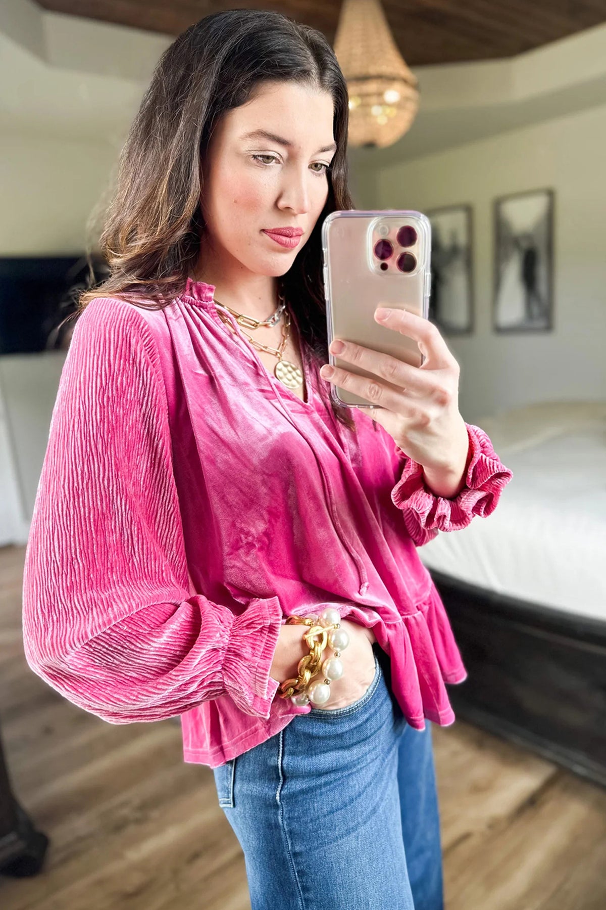 Strawberry Pink V-Neck Velvet Ruffled Cuffs Hem Long-Sleeve Top