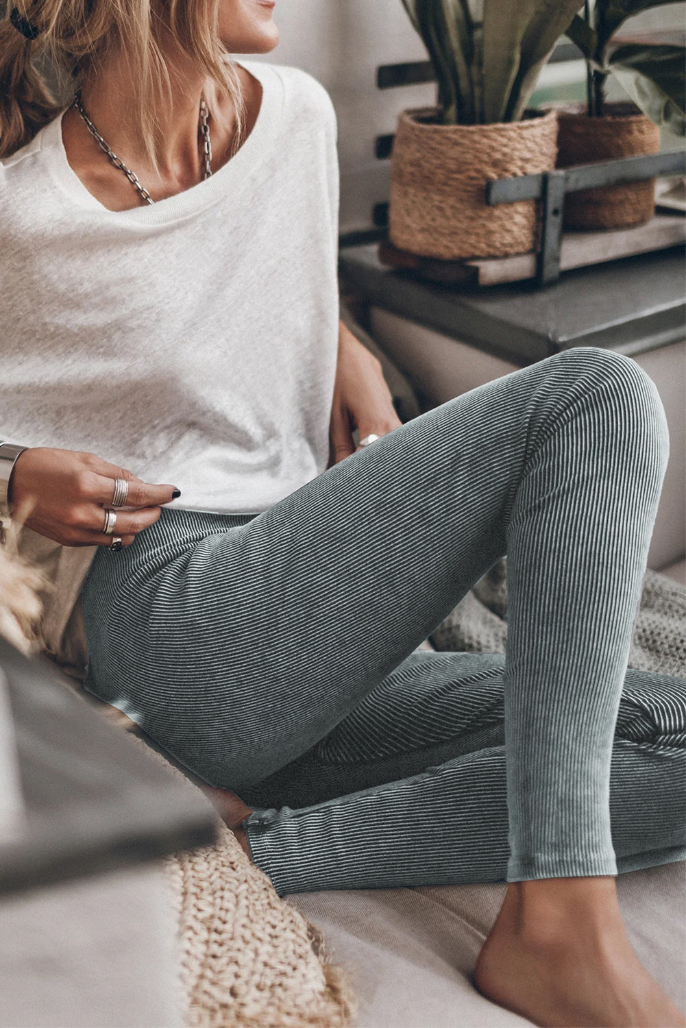 Dark grey vintage wash ribbed leggings by Dear-Lover, featuring a snug fit and textured ribbed design for casual wear.