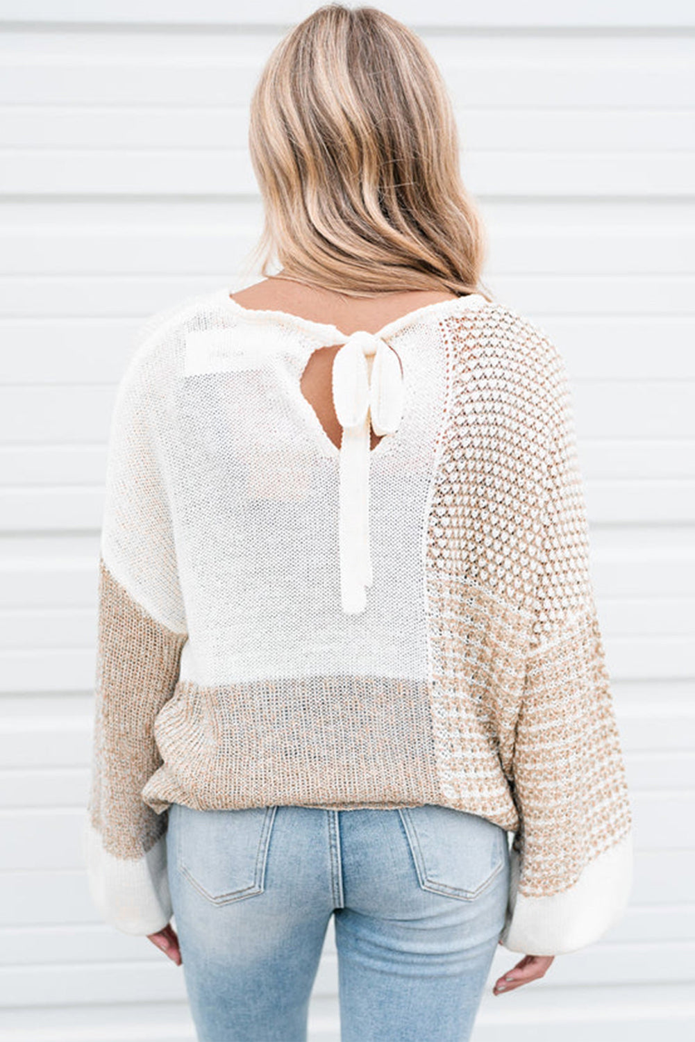 Oatmeal Mixed-Pattern Tie-Keyhole Sweater