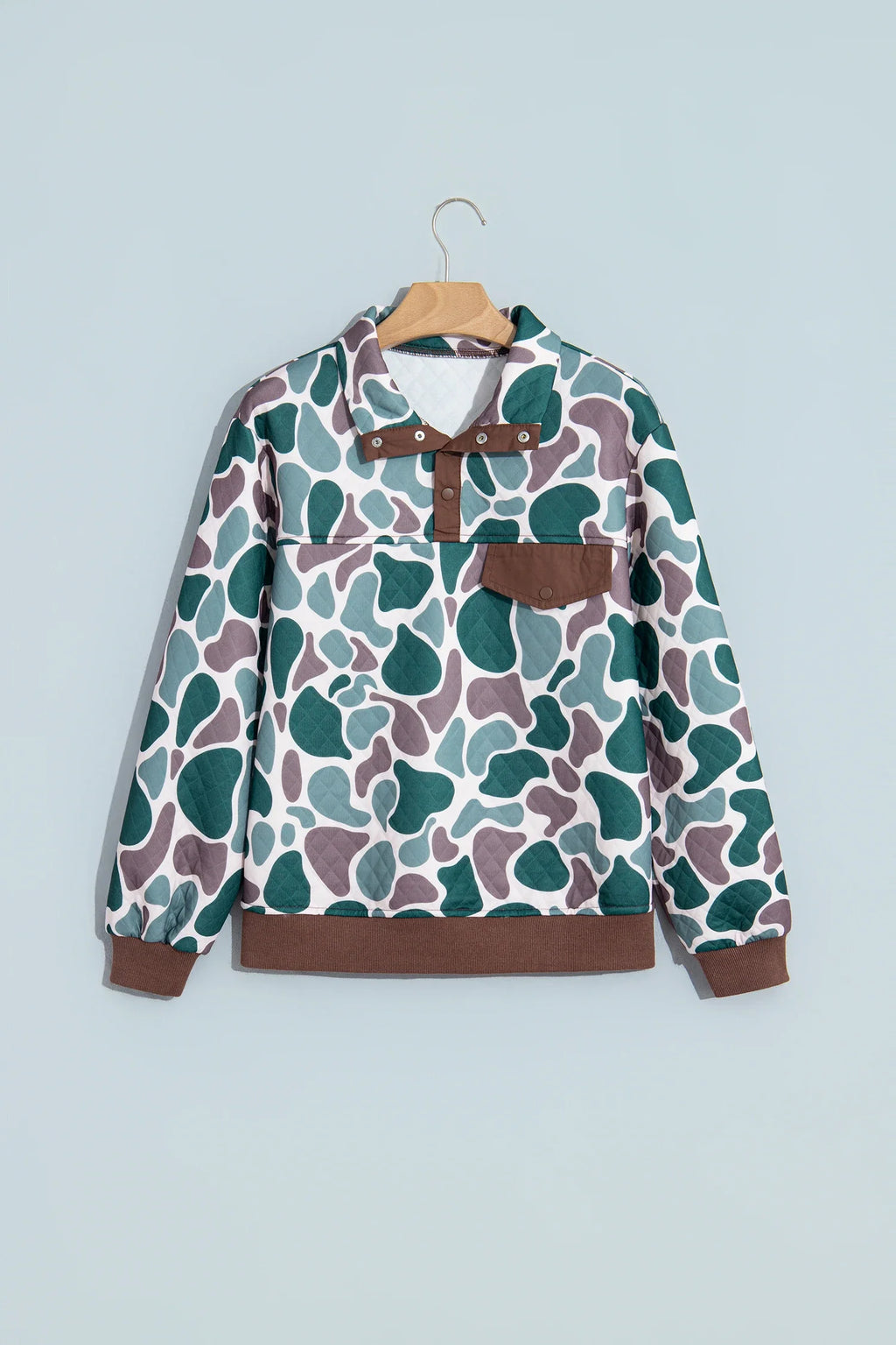 Retro Camo Colorblock Snap Button Pullover Sweatshirt