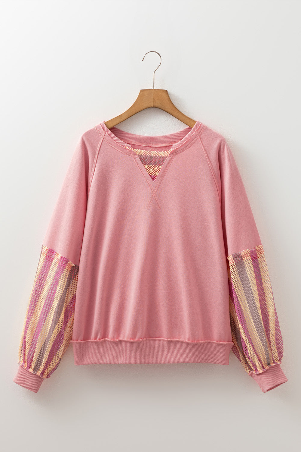 Blossom Striped Mesh Sleeve Patchwork Exposed Seam Casual Pullover Top