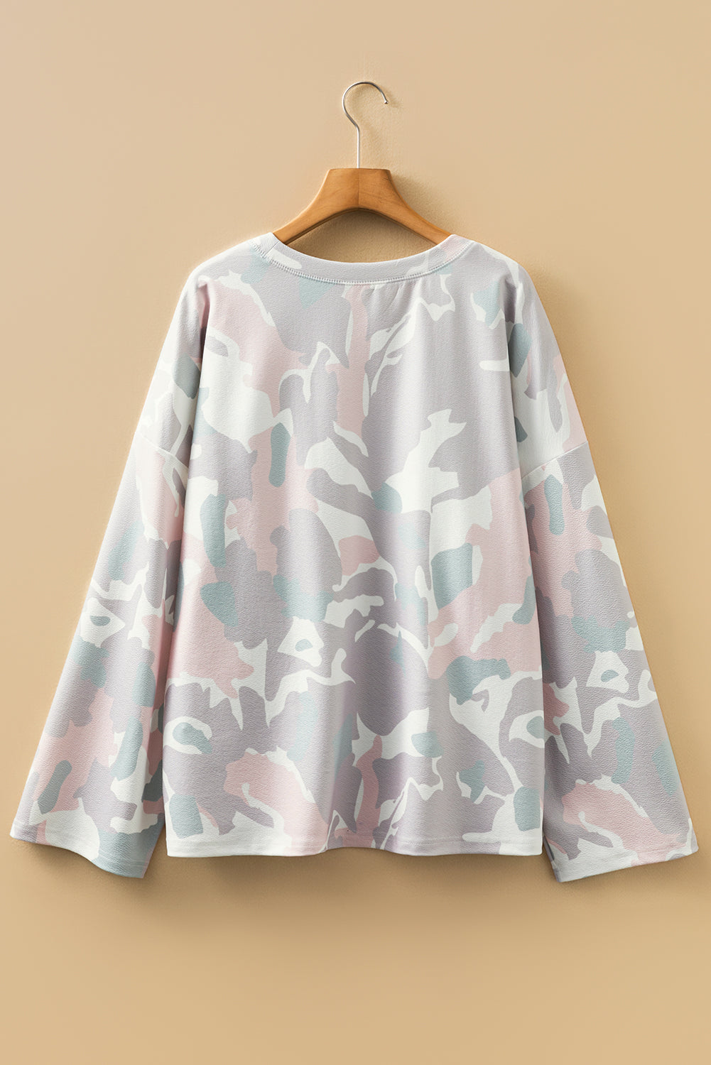 Green Plus Size Camouflage Print Drop Shoulder Loose Pullover Top
