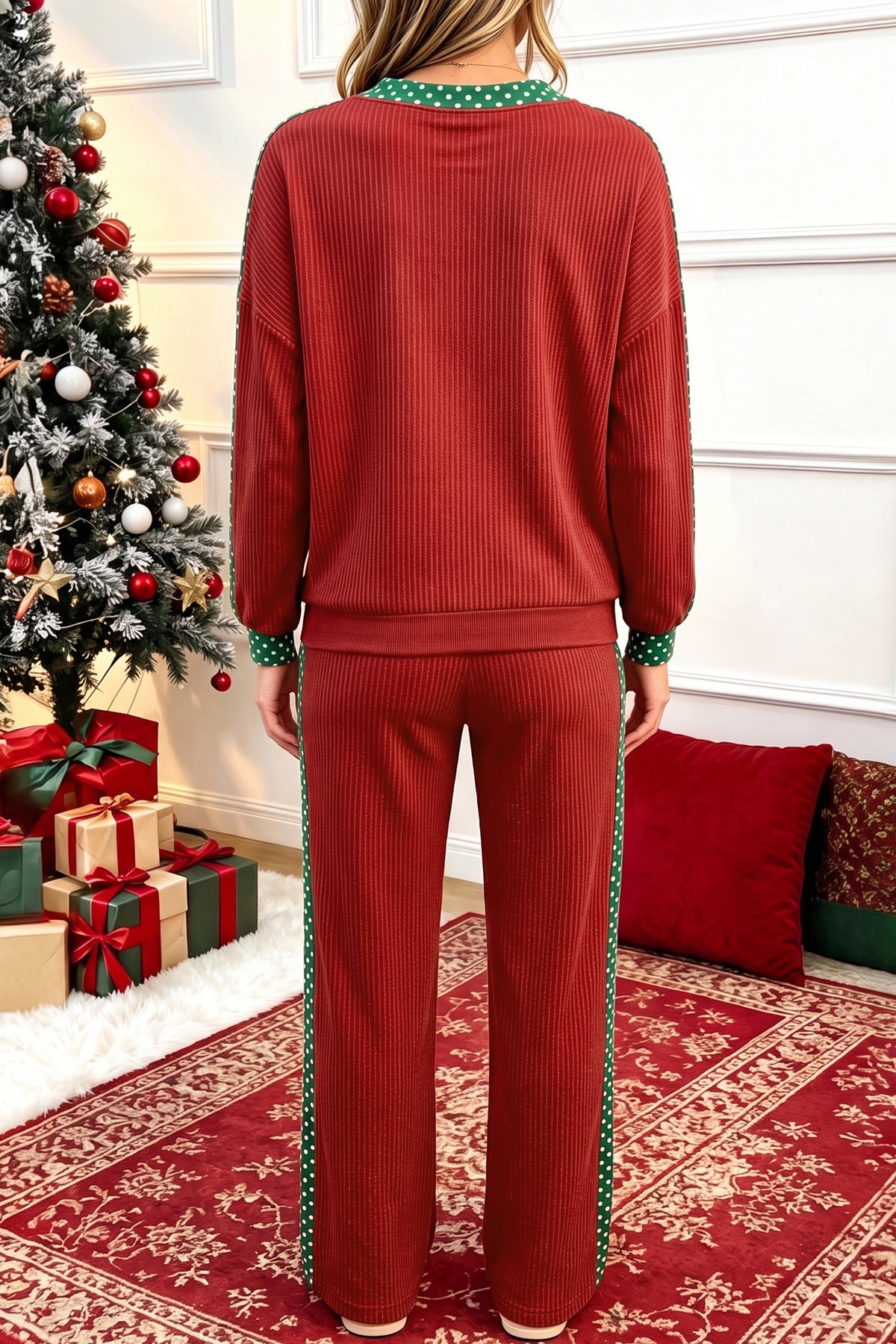 Dear-Lover taupe ribbed patchwork leopard trim long sleeve two-piece pant set, cozy and stylish for casual wear.