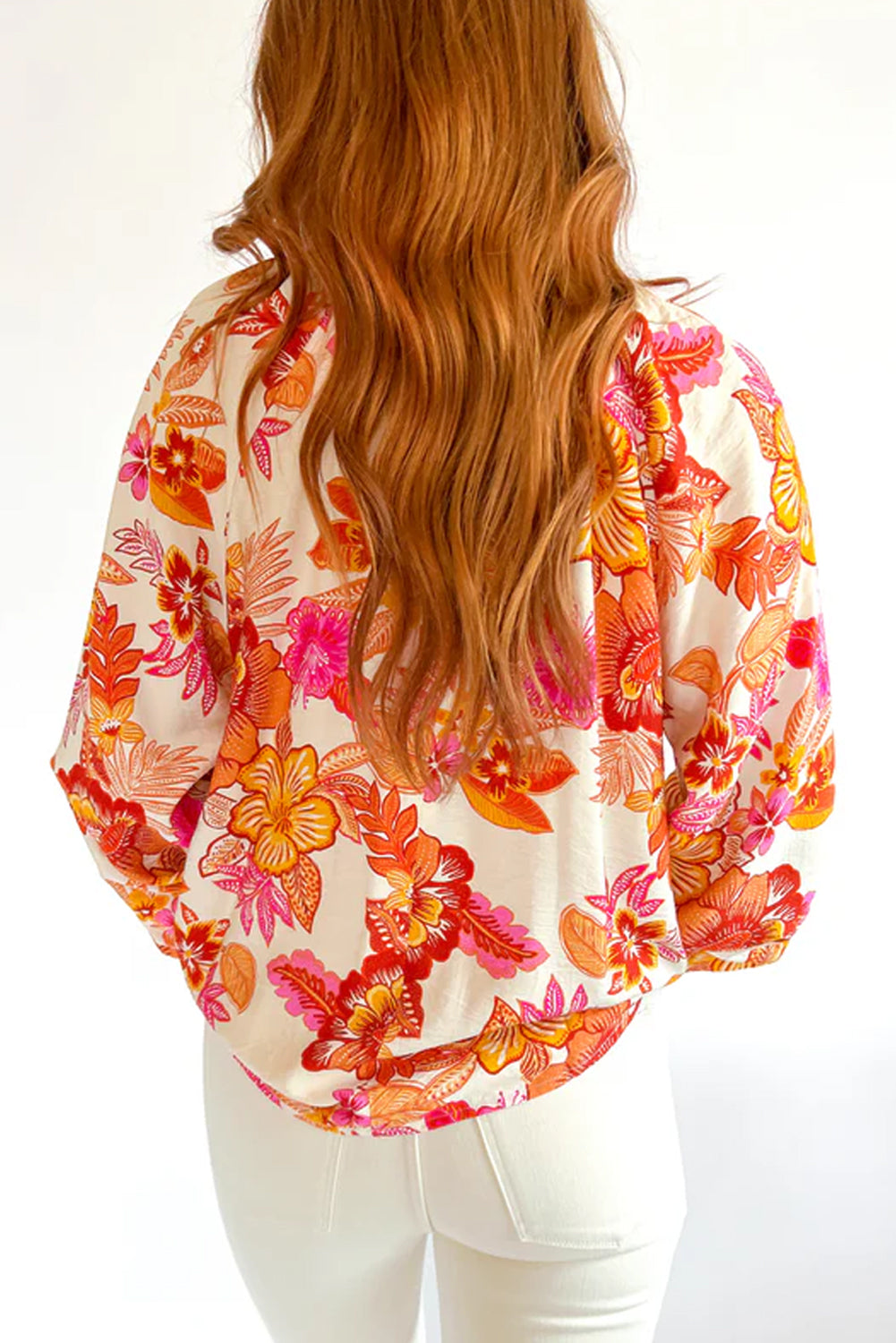 Orange Floral Pearl-Button Blouse
