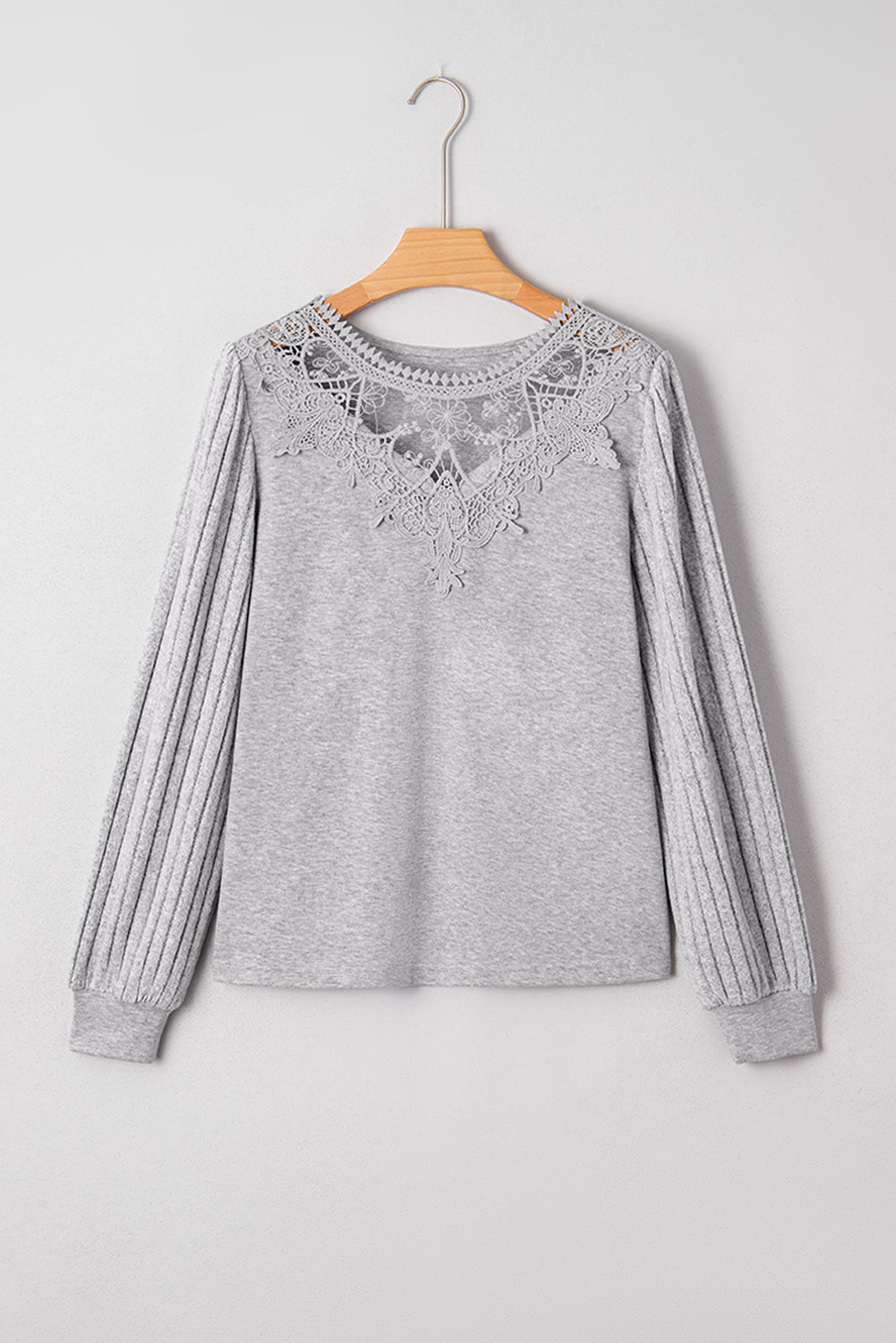 Gray Hollowed Lace Ribbed Knit Long Sleeve Patchwork Top