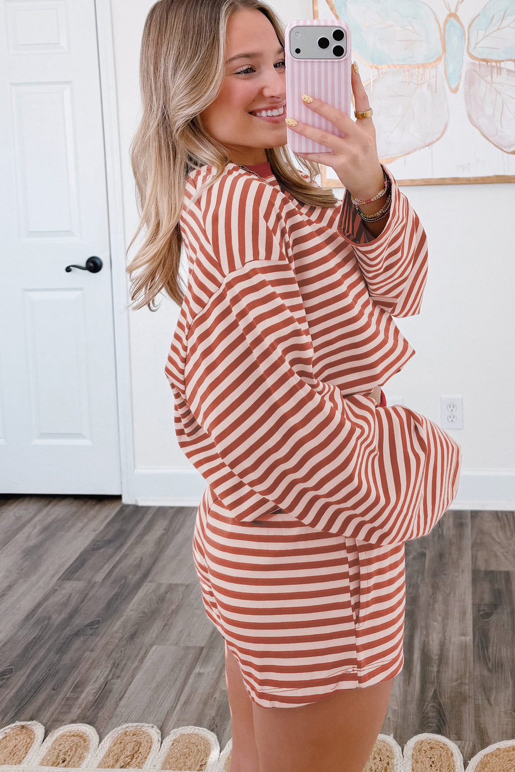 Brown stripe long sleeve top and matching shorts set with elastic waistband, casual two-piece outfit from Dear-Lover.