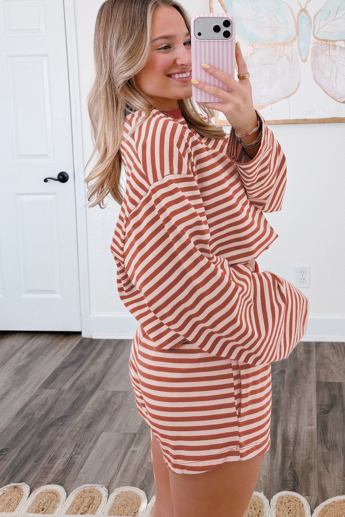 Brown stripe long sleeve top and matching shorts set with elastic waistband, casual two-piece outfit from Dear-Lover.