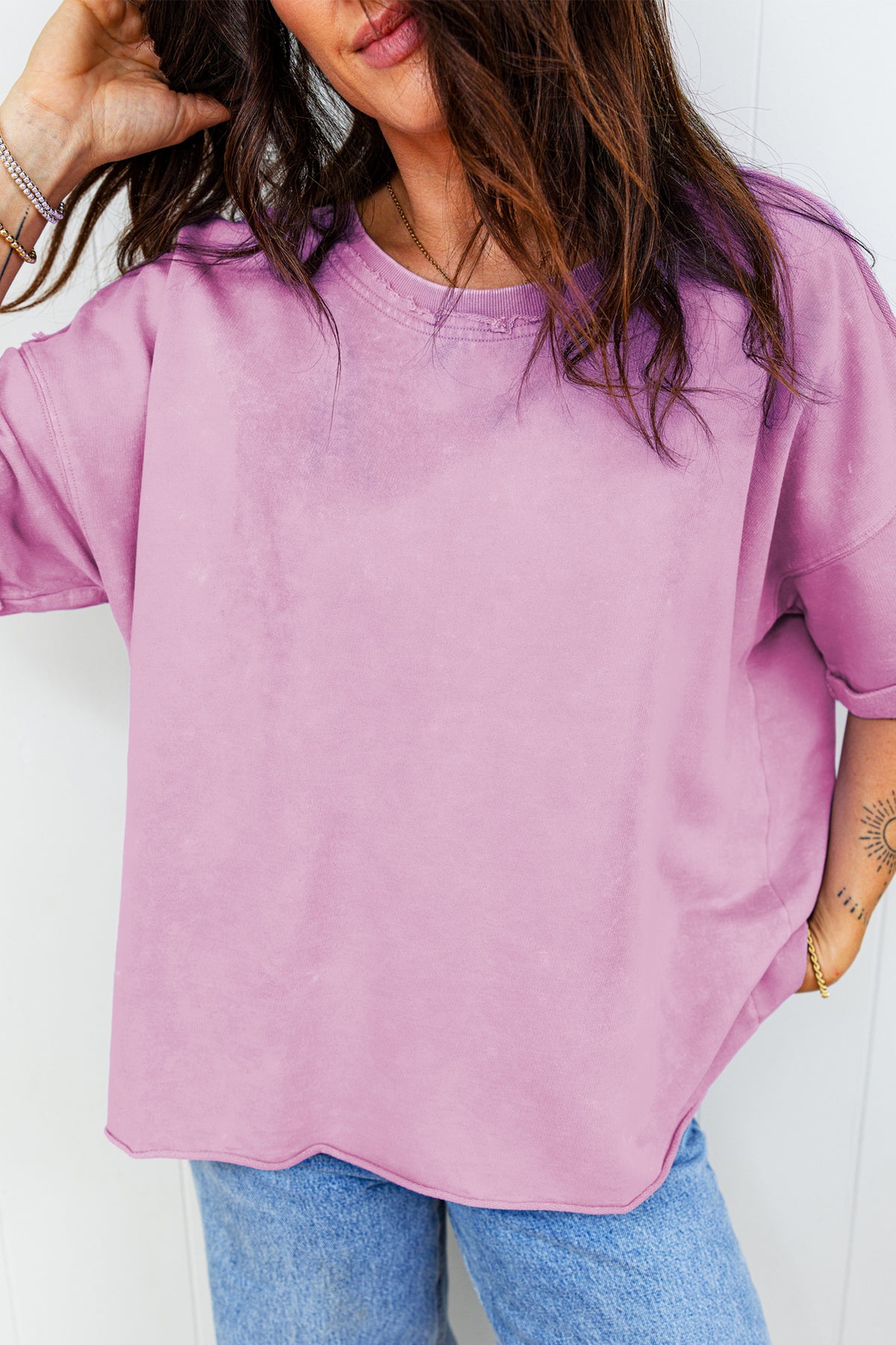 Lavendula 100% Cotton Mineral Wash Drop Shoulder Raw Edge Loose Tee