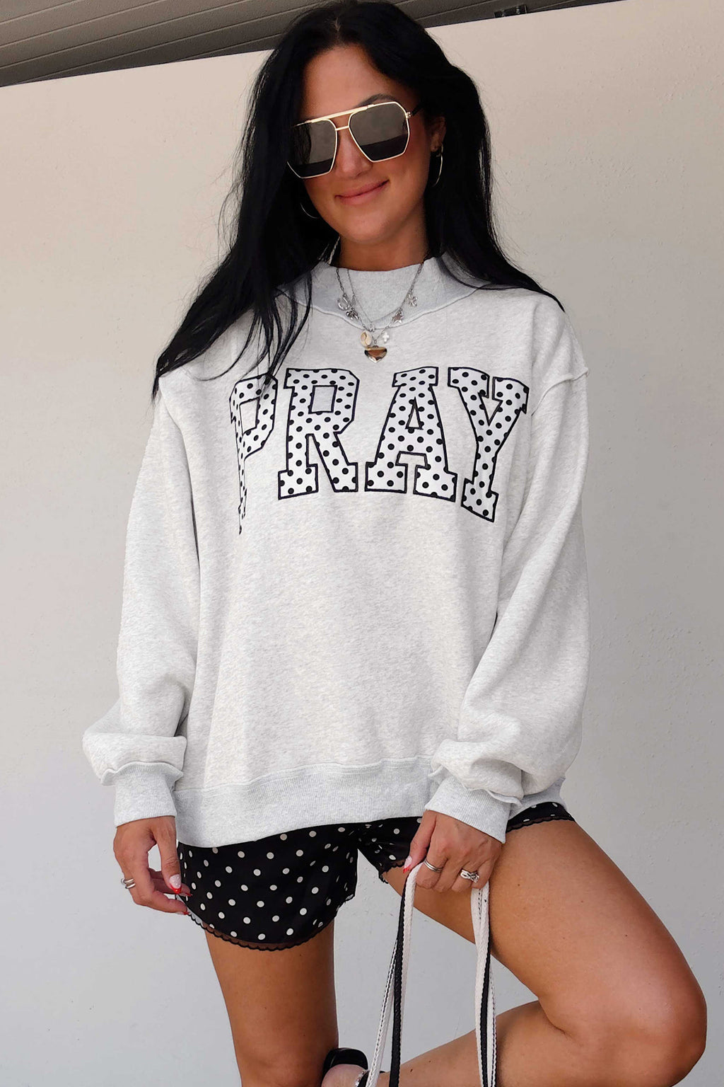 Polka dot embroidered mock neck sweatshirt by Dear-Lover featuring a coffee-themed "PRAY" design, casual and stylish top.