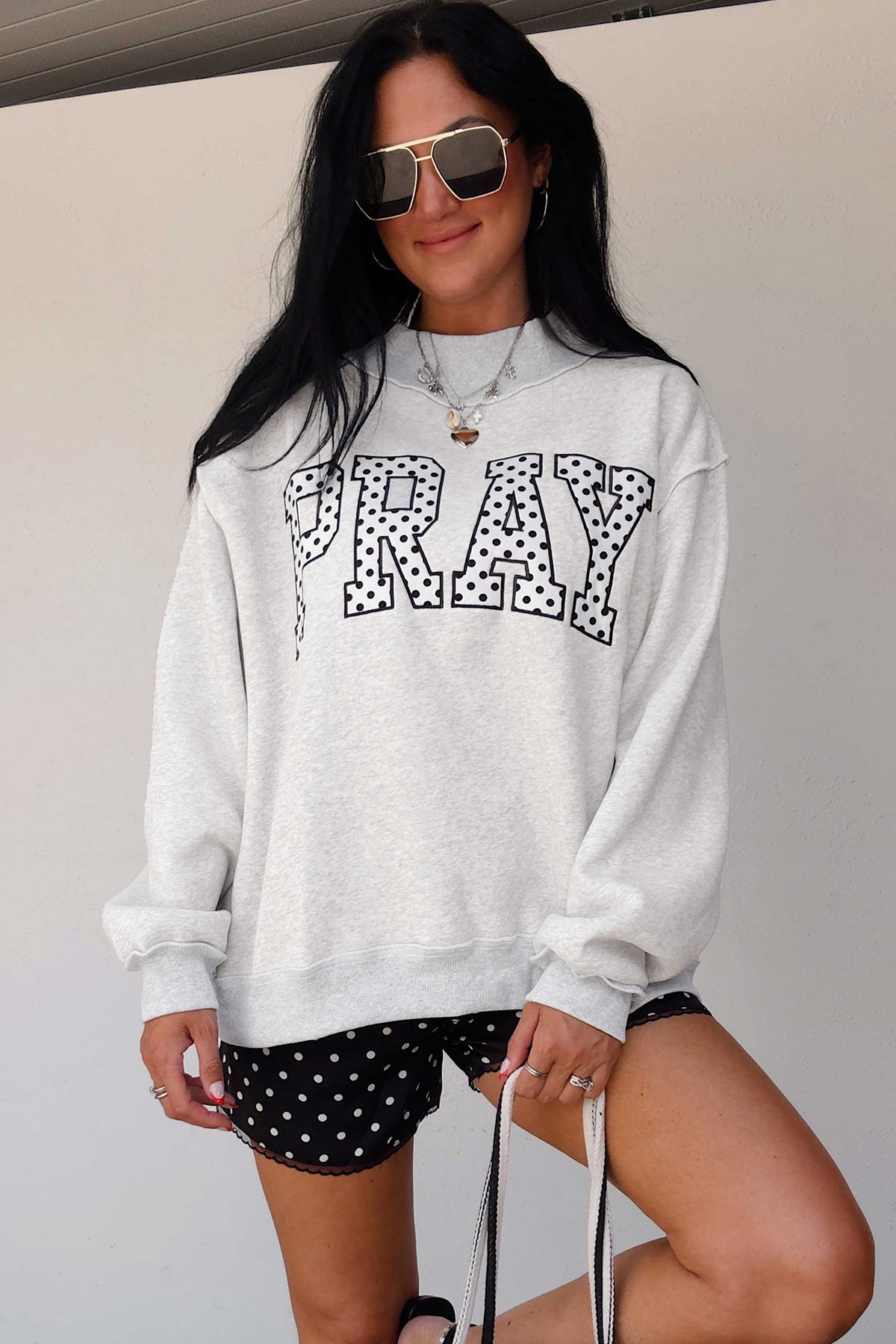 Polka dot embroidered mock neck sweatshirt by Dear-Lover featuring a coffee-themed "PRAY" design, casual and stylish top.